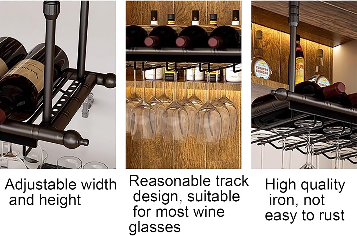 Black Wine Glass Holder, Ceiling Iron Wine, Wine Glass, Height and Width Adjustable, Industrial Wine S Wall Mounted with Bottle Holder (100Cm/39In)