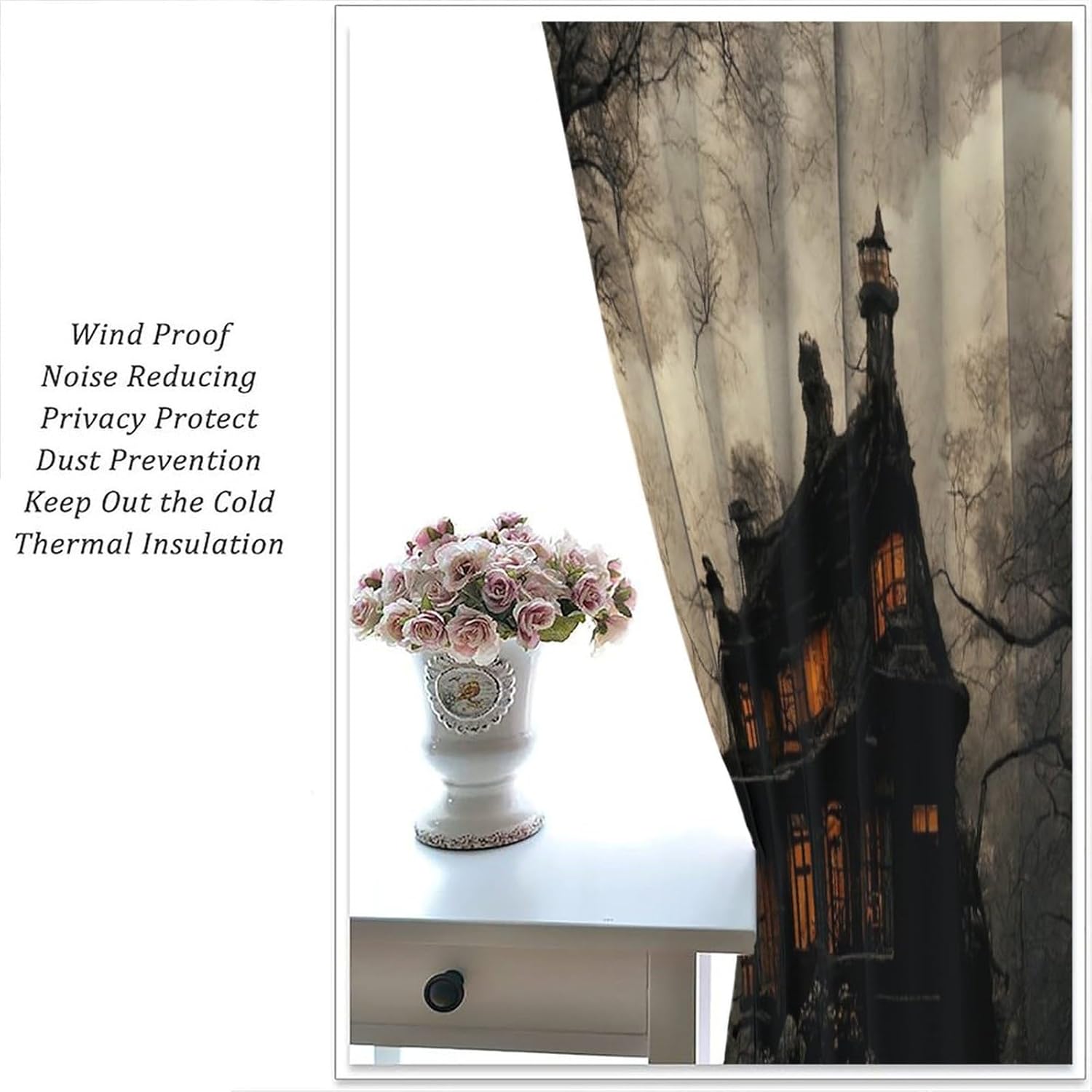 Gothic Blackout Window Curtains, Spooky House in Dark Mystical Forest for Cafe Room Chidren Window Curtain Drapes 2 Panels 42x45 Inch