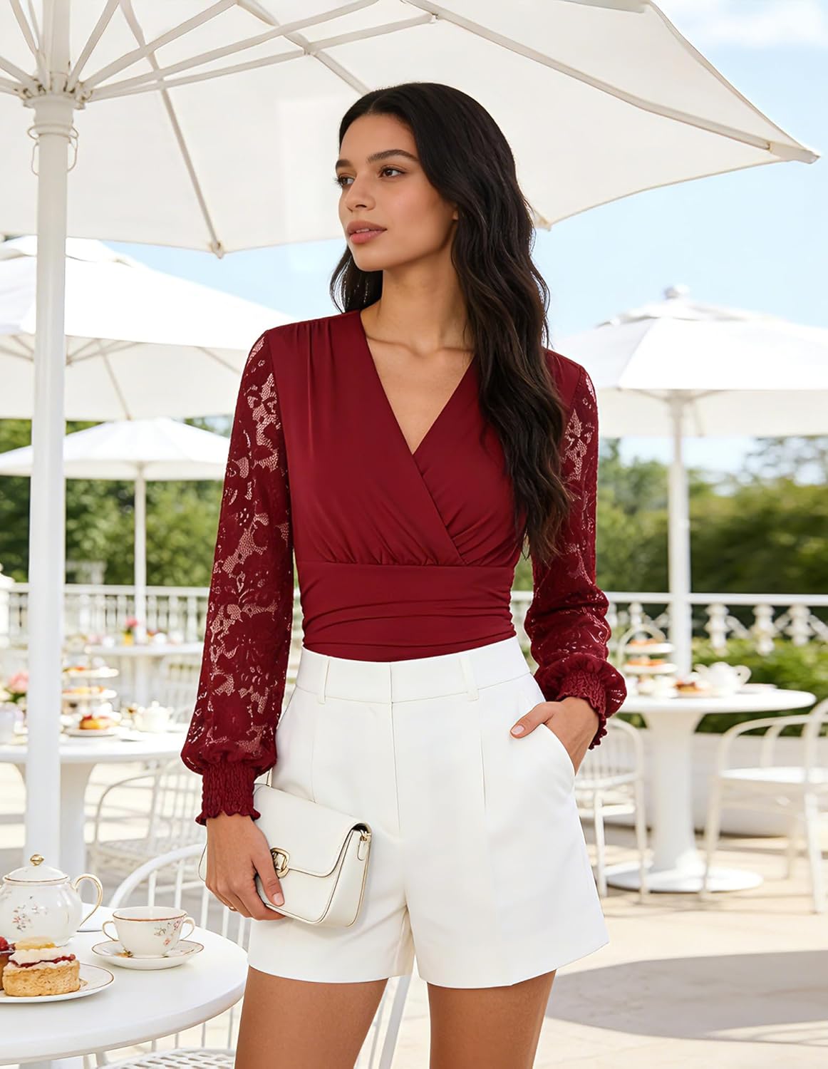 GRACE KARIN Womens Tops Dressy Casual, Elegant Lace Sleeve Shirts Wrap Ruched Blouses, 2026 Spring Fashion Outfits - Image 2