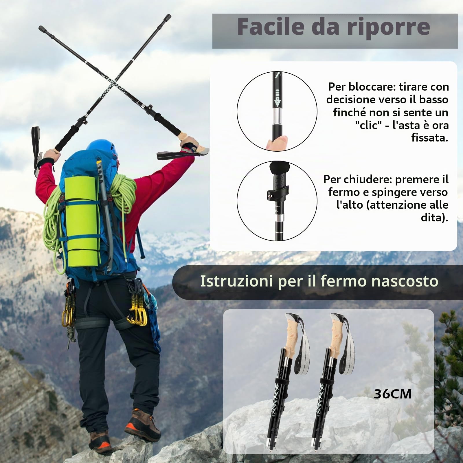 Bastoni Trekking, Bastoni Trekking Bastoncini da Trekking Pieghevoli e Antiurto 110-130cm in Alluminio Impugnatura in Eva per Donna e Uomo per Escursioni 1 Paio