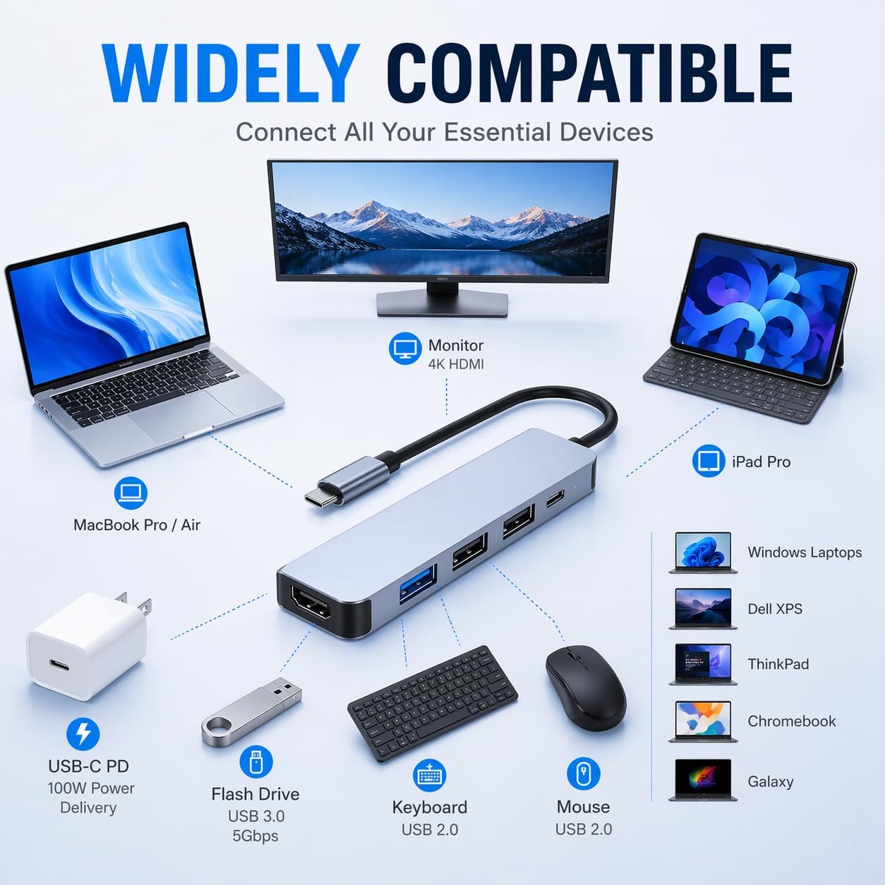5 in 1 USB C Hub with 4K HDMI, 100W Power Port USB C Adapter Multiport Adapter, USB C Hub for Laptop MacBook iPad Pro, USB C to HDMI Adapter with USB 3.0 5Gbps and 2 USB Ports, Type C Docking Station