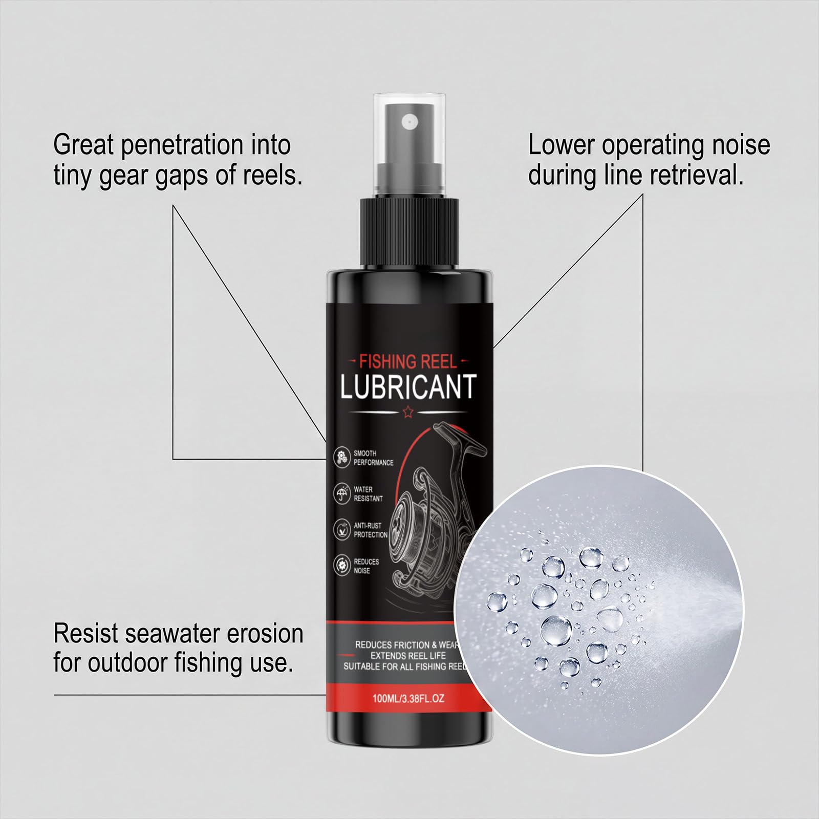 Lubrificante per mulinello da pesca, spray detergente per mulinelli, protezione di lunga durata, prestazioni lisce, resistente all'acqua, antiruggine, riduce il rumore, prolunga la durata