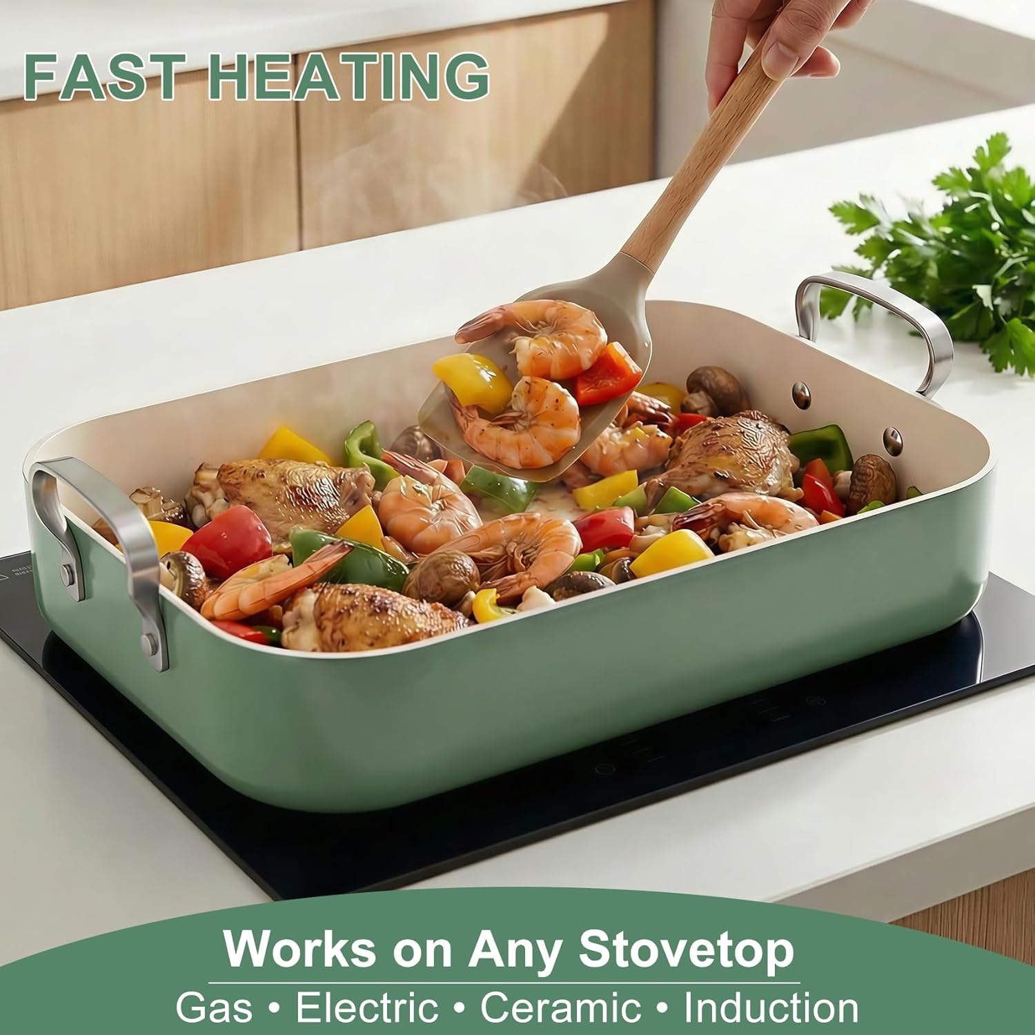 Double Burner griddle Pan,griddle pan for stove top & Oven,15.6x10.8 Ceramic Nonstick stovetop griddle,PFAS-Free,Induction Ready,Stainless Handles,Oven Safe 428°F,4.8QT Olive Green