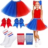 Set of 4 Halloween Clown Costume for Girls Include Tutu Skirt with Hair Bow Fishnet Gloves and Striped Soccer Socks