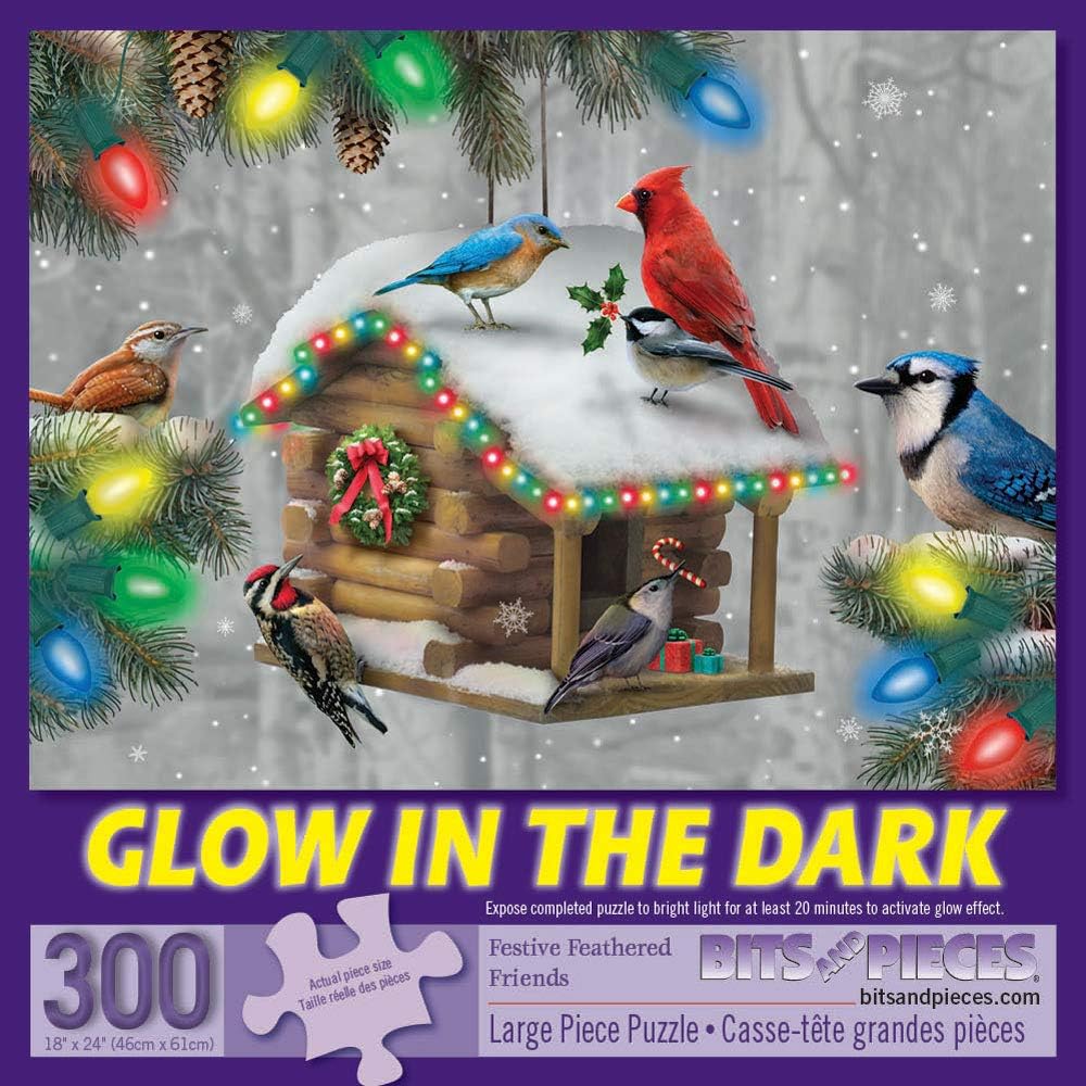 Bits and Pieces – 300 Piece Jigsaw Puzzle for Adults – Festive Feathered Friends - Glow - in - The - Dark Holiday Birdhouse Christmas Pine Tree Lights Jigsaw Puzzle by Artist Alan Giana
