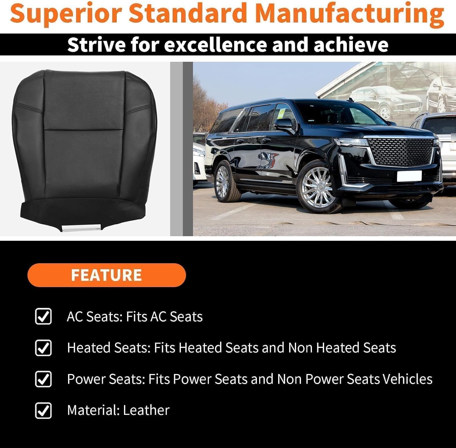 Black Driver & Passenger Bottom & Top Seat Cover Compatible with 2007-2014 Escalade Tahoe Suburban Avalanche Silverado Yukon Sierra Leather Seat Covers 4Pcs