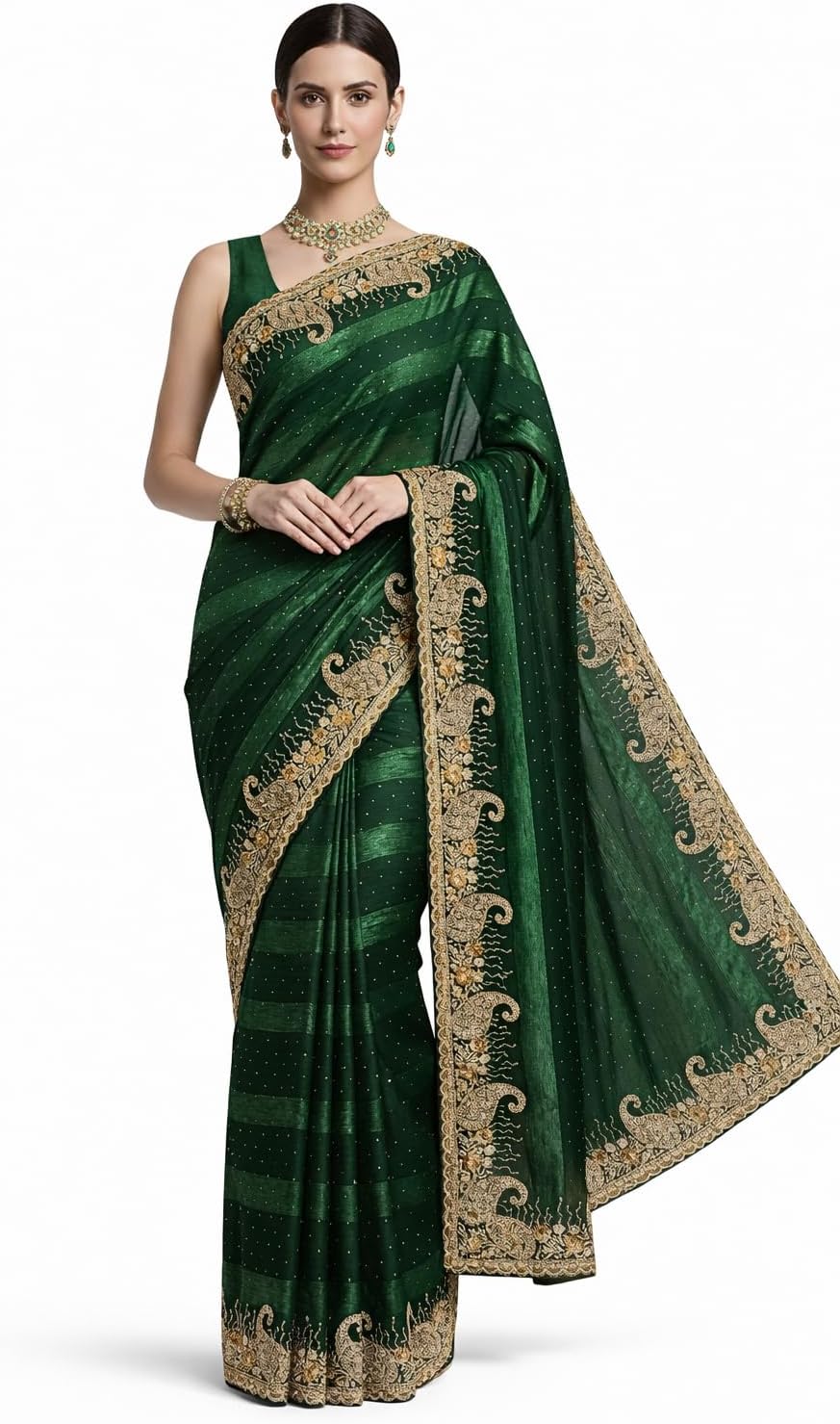 Women's Saree with Gold Embroidered Border, Stone embellishment, Bridal Wedding Wear, Unstiched blouse
