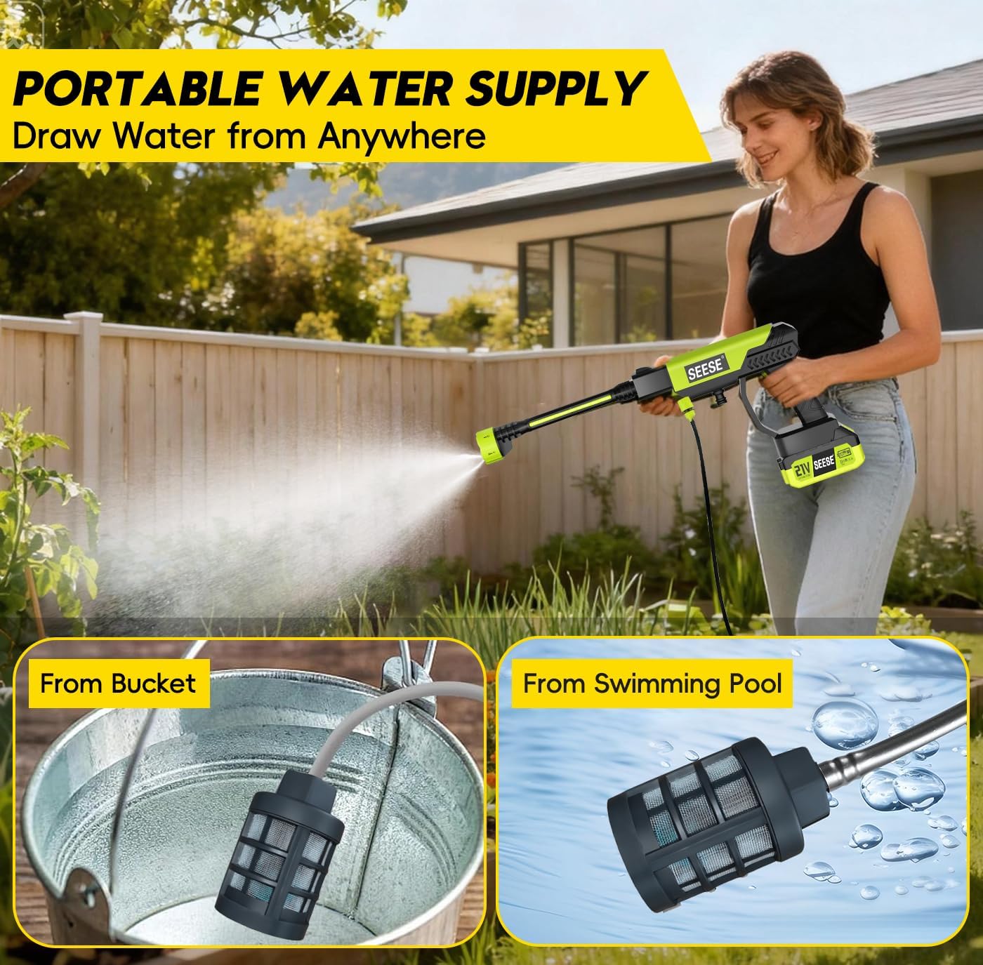 Cordless Pressure Washer Gun: 1000 PSI Portable Electric Washer for Vehicle, Driveway & Deck - Ergonomic Handle Design with 30min Runtime & 6-in-1 Nozzle