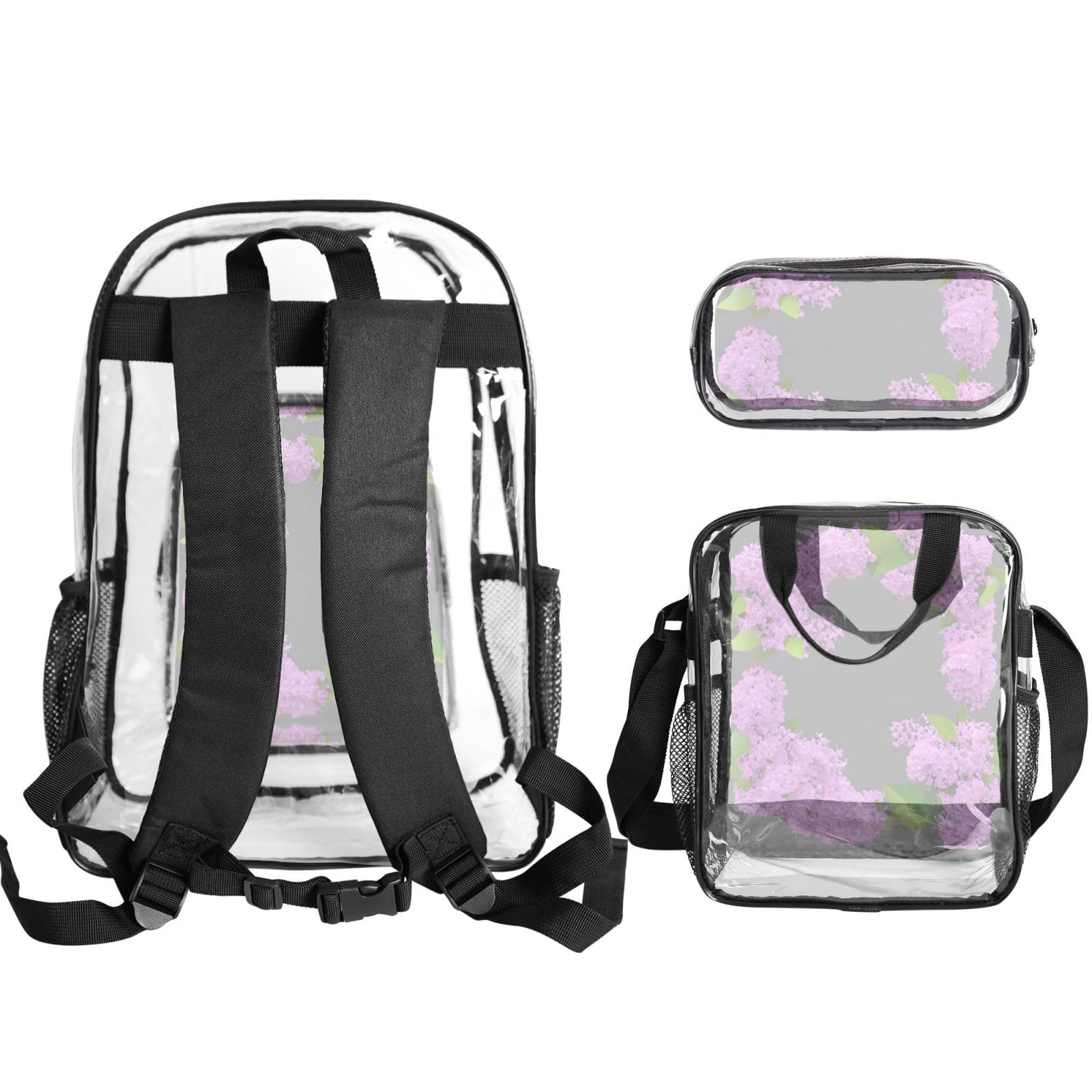 Juego de mochila 3 en 1 con estampado de flores lilas en flor para eventos escolares, trabajo, estadio y transporte diario