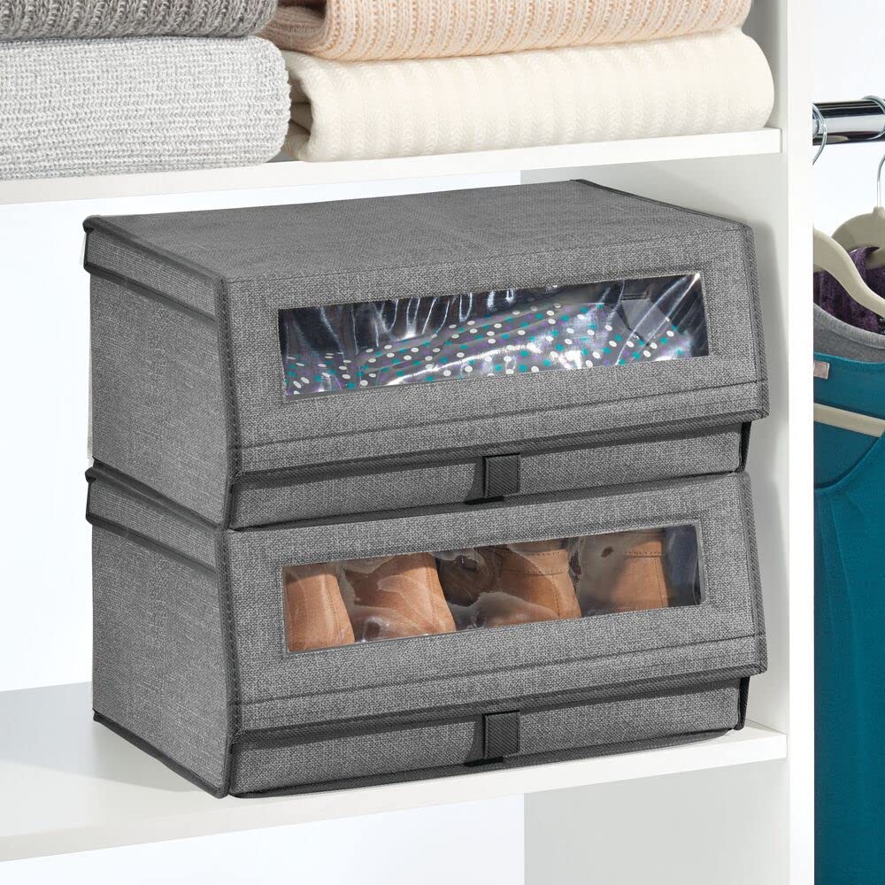 mDesign 8er-Set Schuhaufbewahrung aus Stoff – stapelbare Schuhbox mit Sichtfenster, Klettverschluss und Klappdeckel – große Aufbewahrungsbox für den Schrank oder das Regal – grau