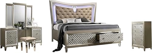 Best Quality Furniture VEN-EKV3-C Venetian - Juego de 4 piezas cama de matrimonio extragrande tocador y baúl color champán