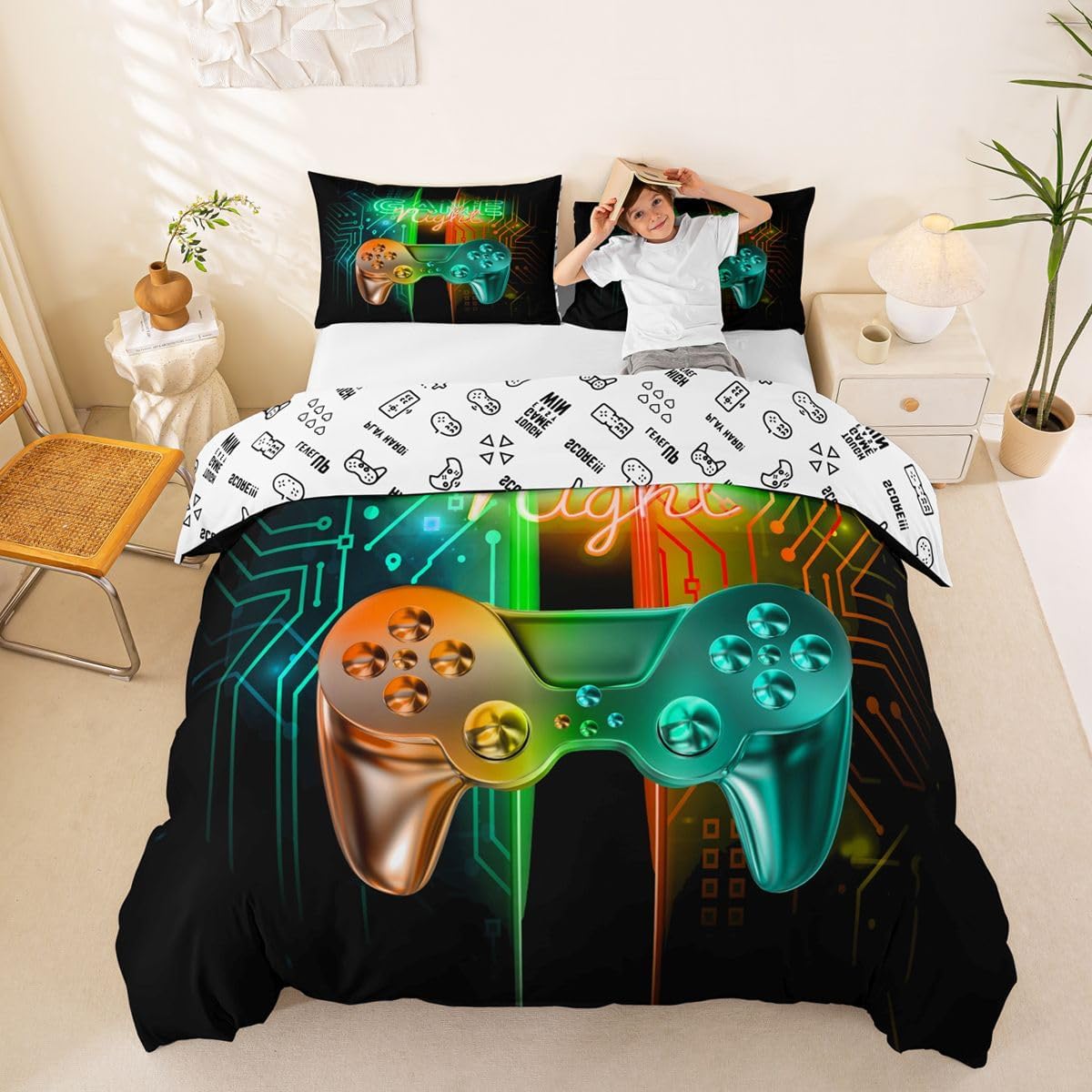 Gaming Duvet Cover Set King Size Kids Video Game Gamepad Bedding Set for Boys Teens Bedroom Decor Soft Gamer Console Game Joystick Comforter Cover Game Controller Bedspread Cover with 2 Pillow Case