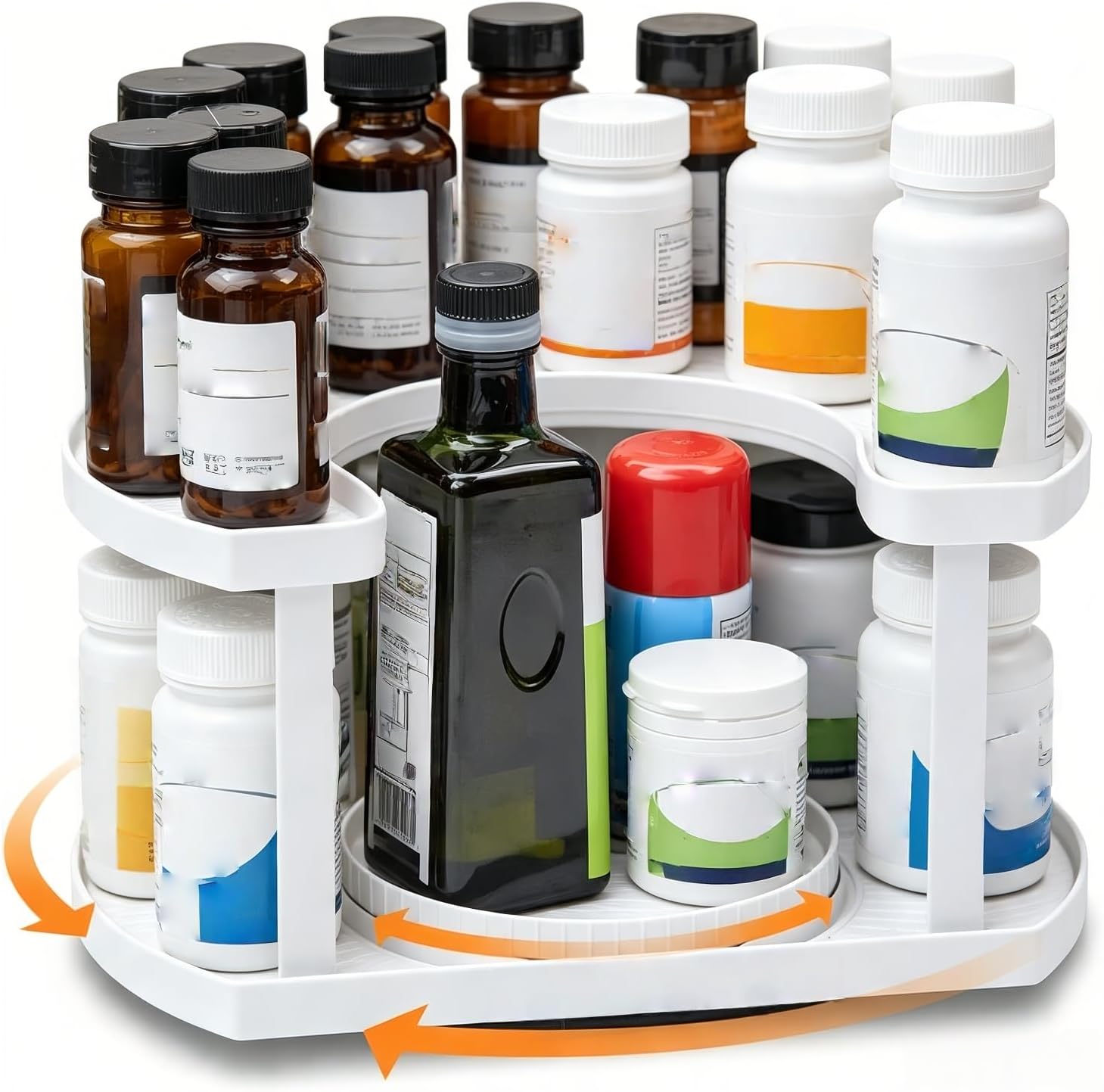 2 Tier Lazy Susan Organizer for Medicine Pill Bottles Vitamin Storage