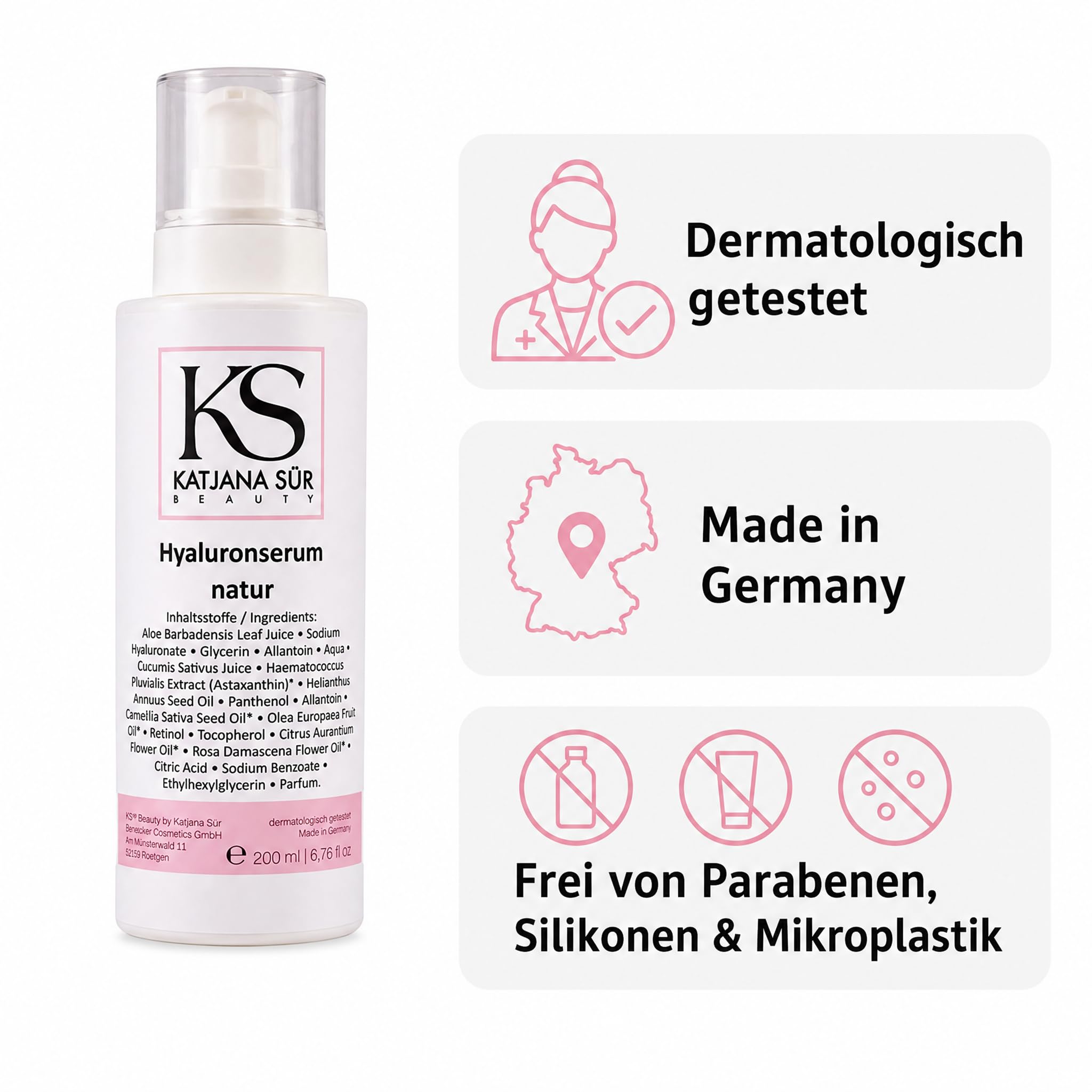KS Beauty Hyaluron Serum Gesicht mit Retinol & Aloe Vera, 200 ml | Feuchtigkeitsserum mit Hyaluronsäure, Astaxanthin & Vitamin E – dermatologisch getestet, Made in Germany