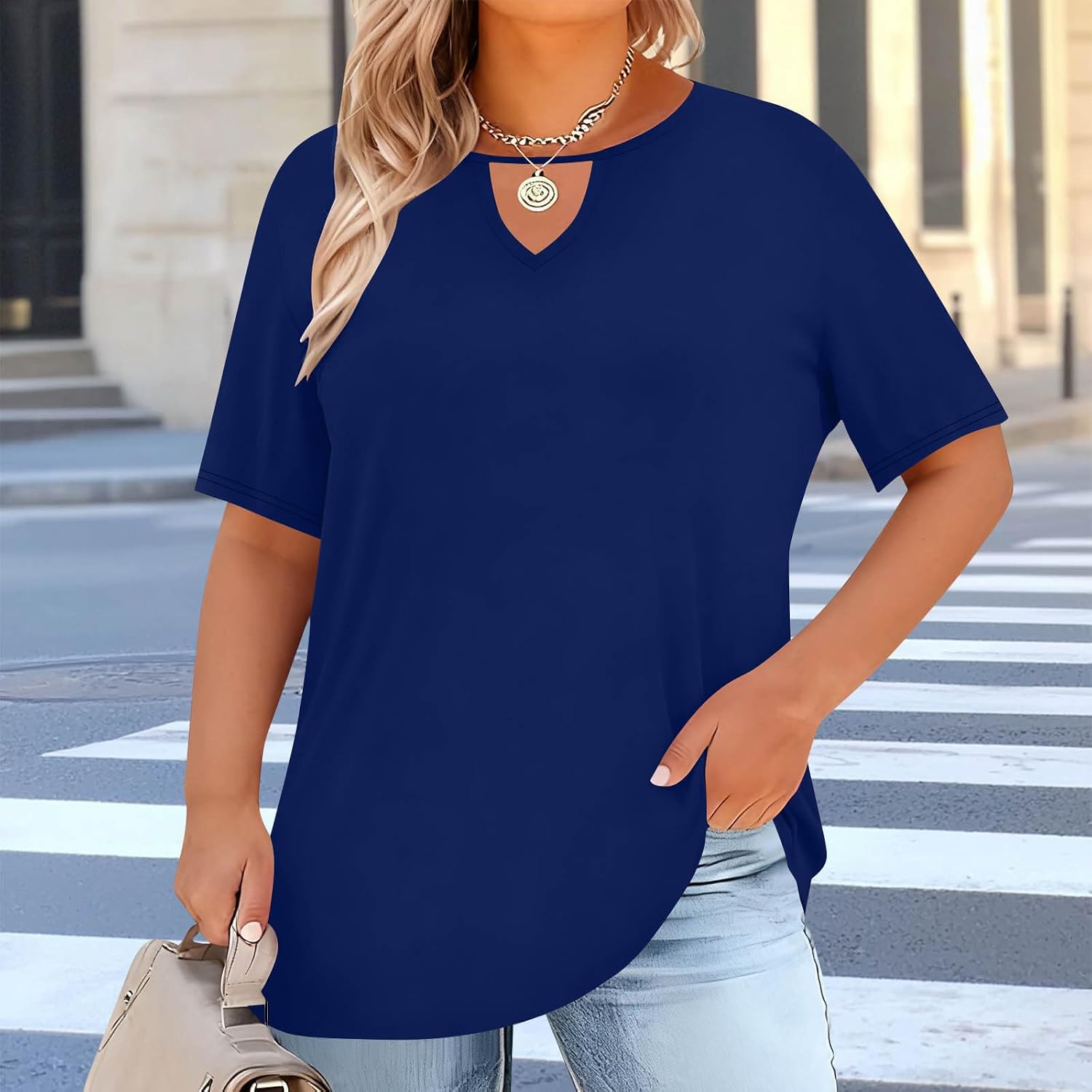 Womens Tops Plus Size Casual Tee Shirts Hollow Crew Neck Summer Blouses Loose Fit Plain Tunic Top Oversized Clothes