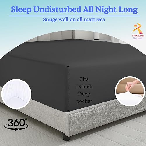 Miniatura 2 de Sábana bajera ajustable tamaño King de 1000 hilos de 16 pulgadas de profundidad, tamaño King, 78 x 80 pulgadas, sin arrugas, de algodón egipcio gris