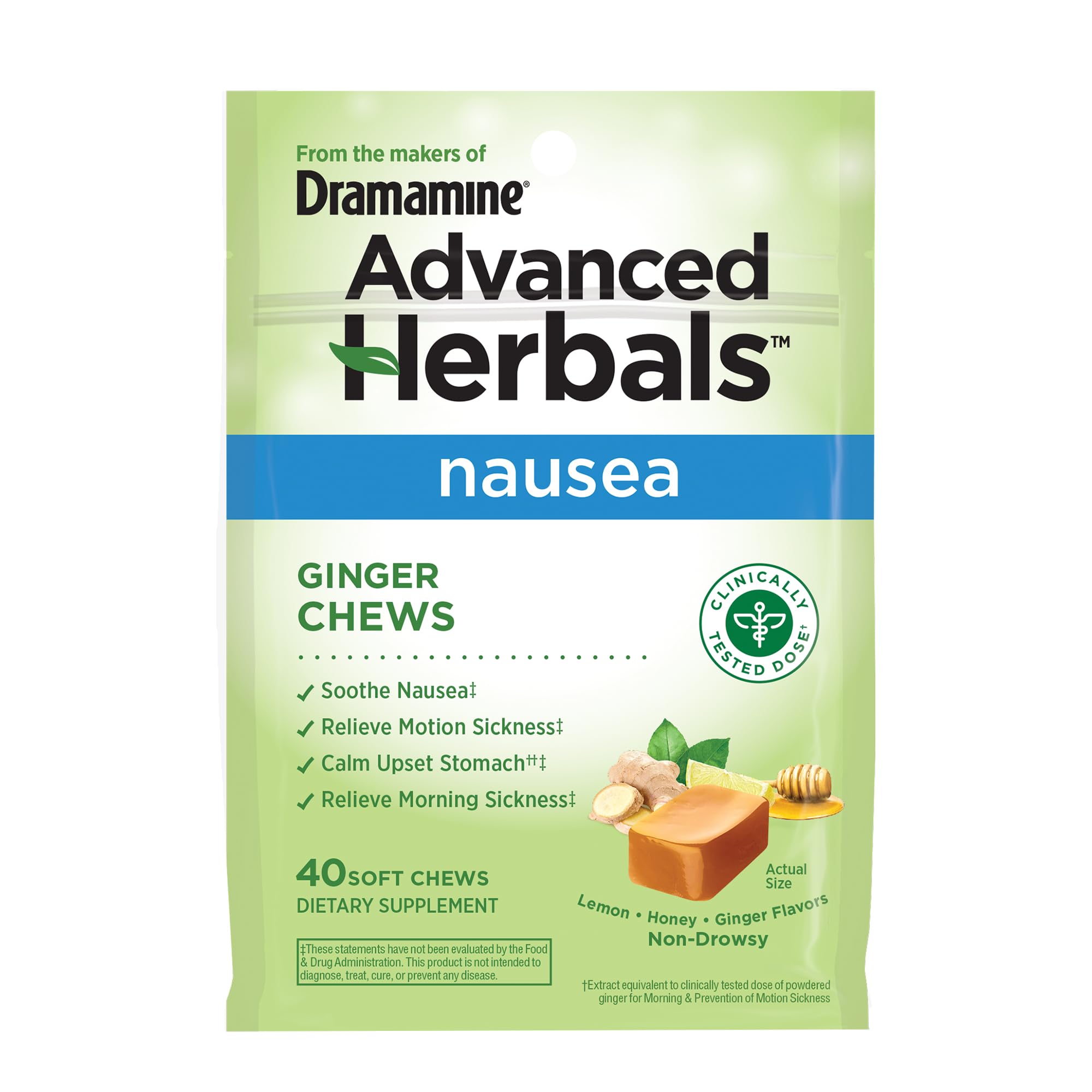 from The Makers of Dramamine, Advanced Herbals, Ginger Chews, Nausea Relief Soft Chews Lemon-Honey-Ginger, 40 Count