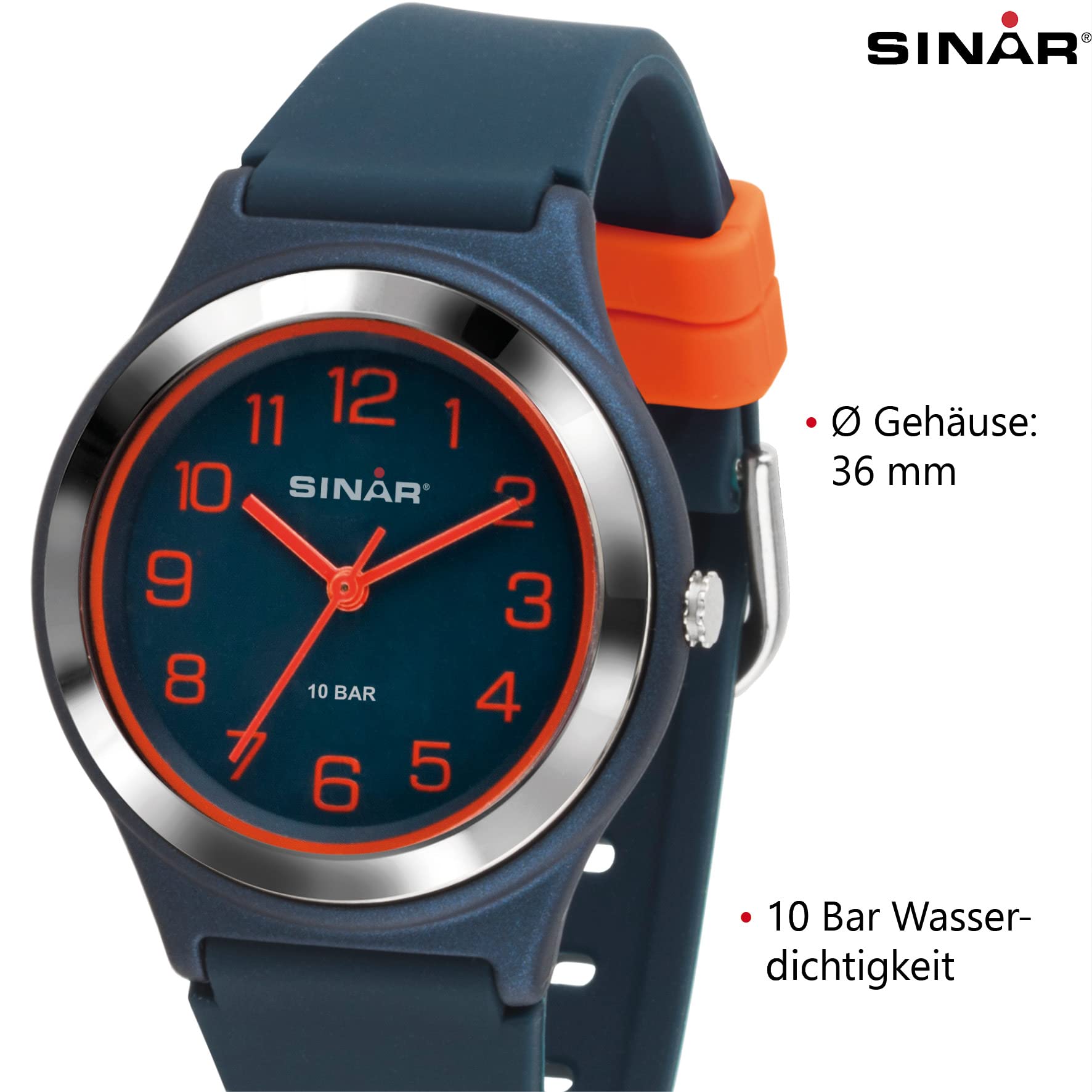 SINAR XB-48-12 Reloj de pulsera para niños analógico cuarzo 10 bar resistente al agua correa de silicona azul oscuro naranja