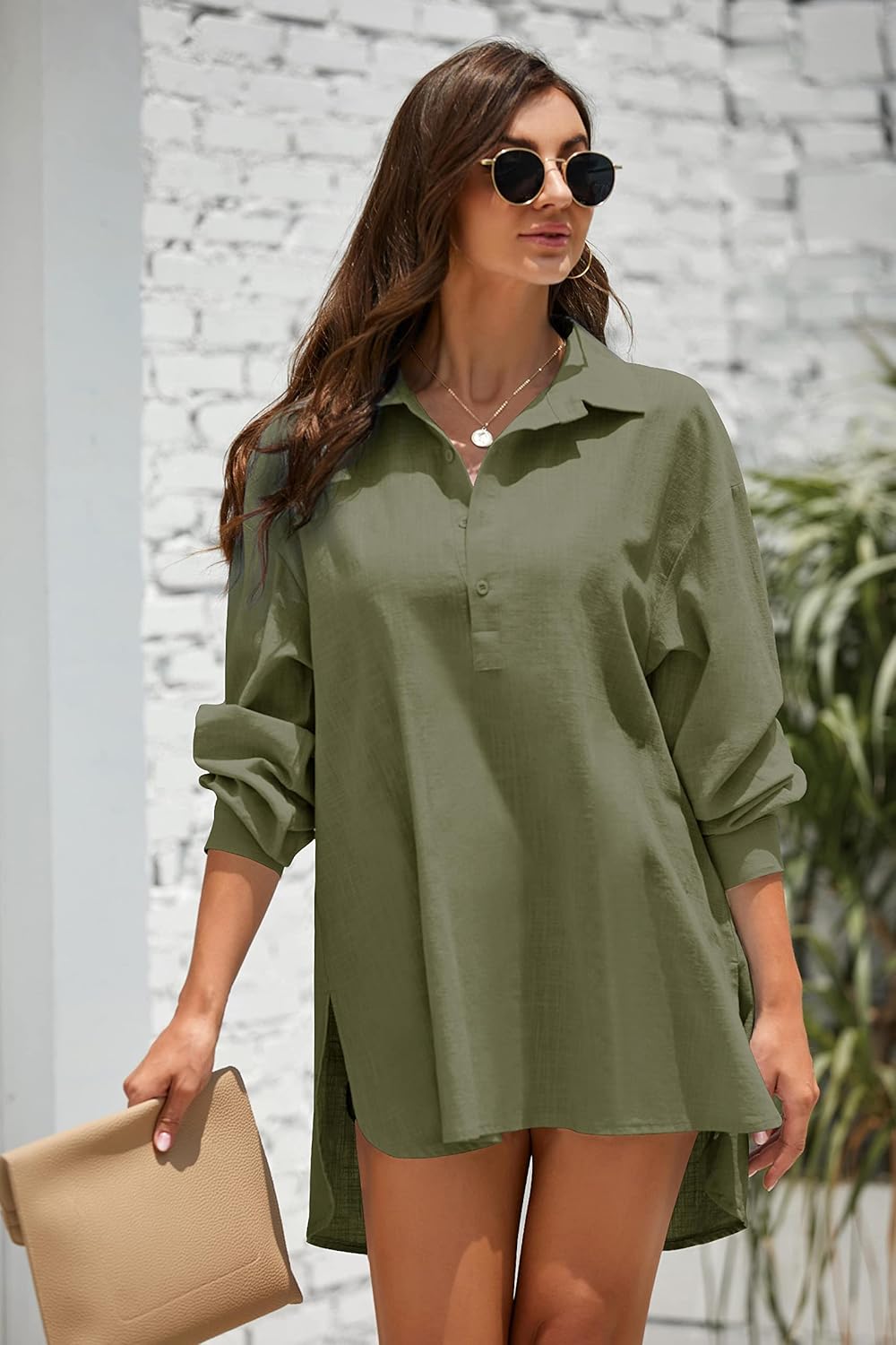 Pretifeel Womens Cotton Linen Tunic Shirts Button Down Long Sleeve Blouse Tops Beach Cover Up - Image 2