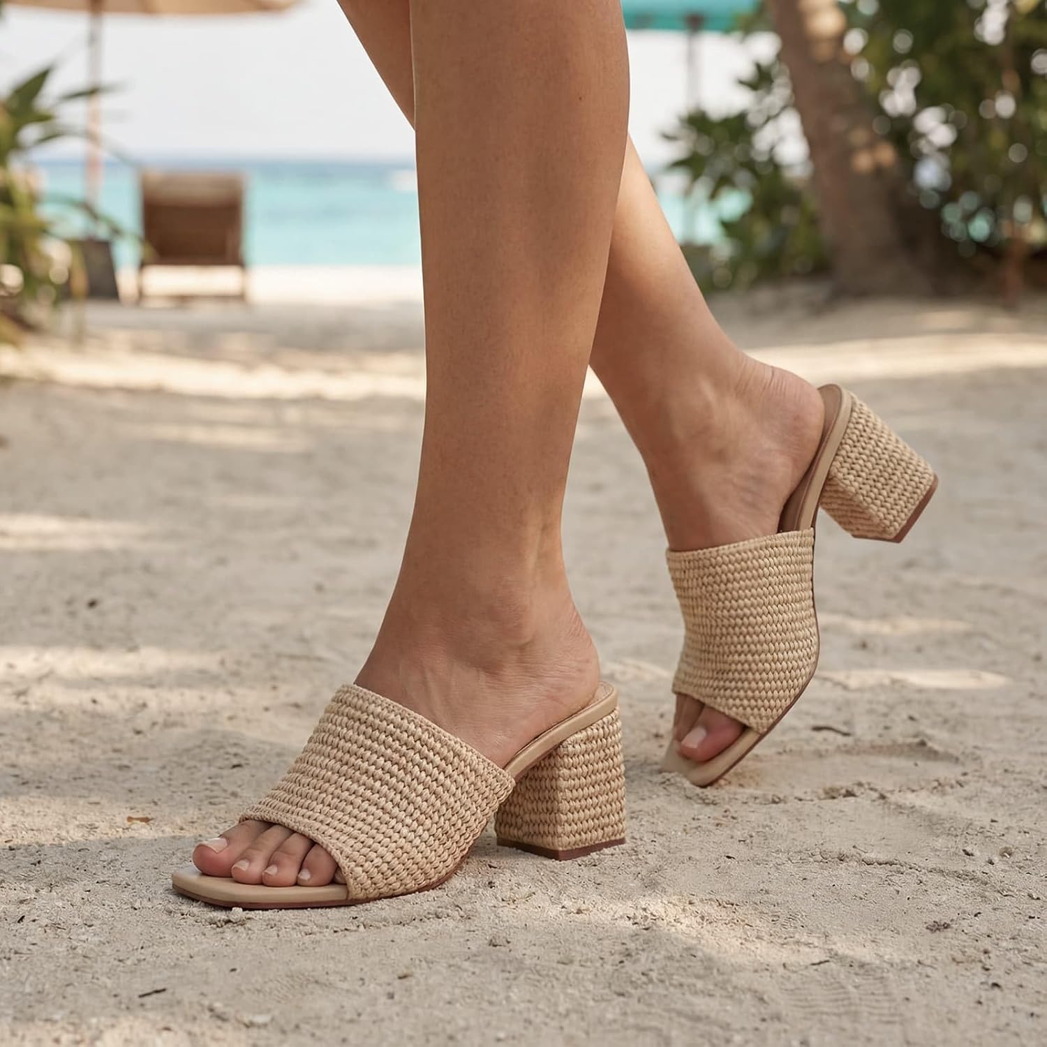 Monrovia Raffia Heels for Women, Square Open Toe Woven Slip On Sandals with Block Wedge Heel - Casual Beach Summer Heeled Sandals