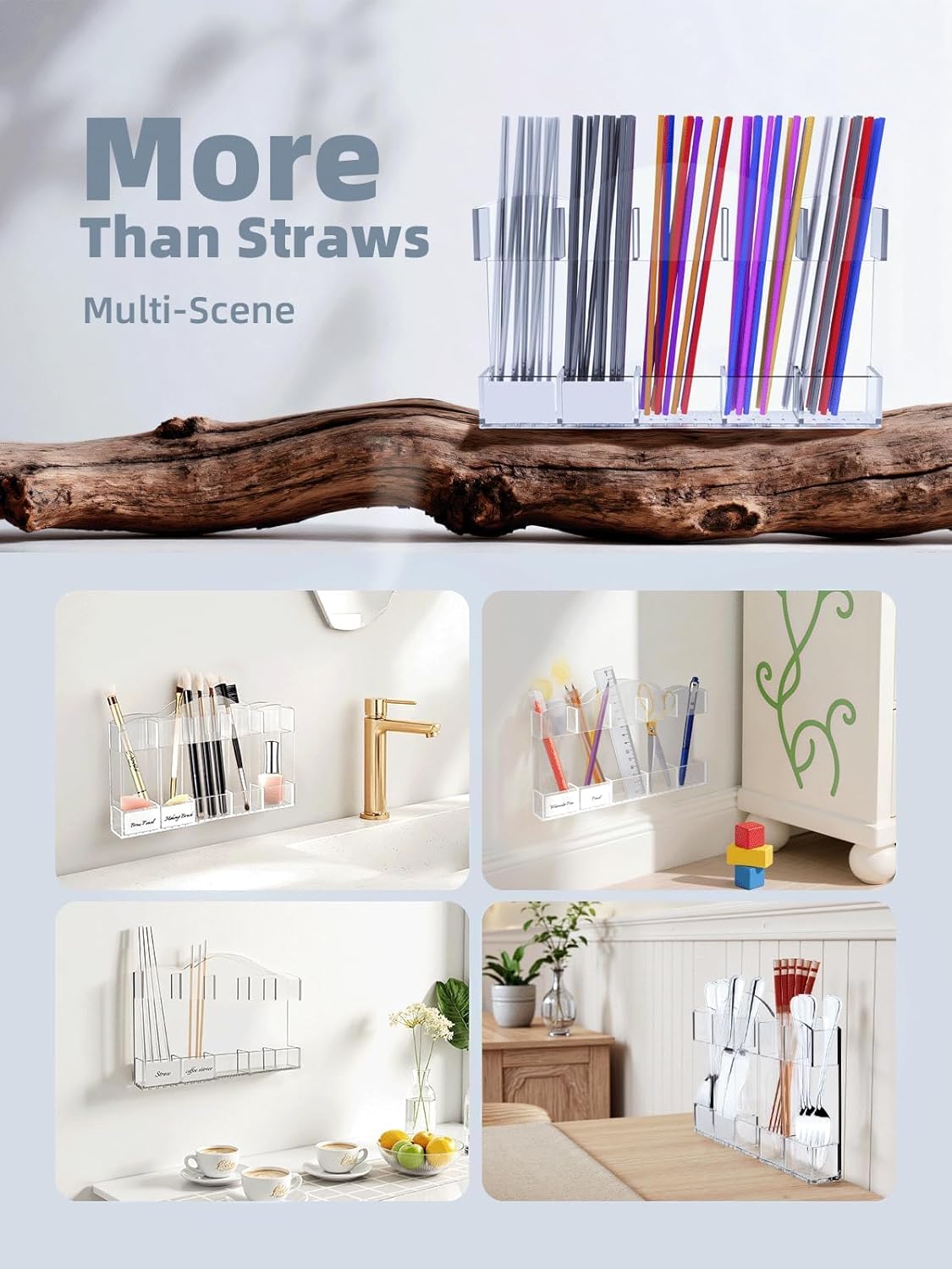 9.8" Acrylic Straw Holder for Cabinet Door - Straw Organizer with Ultra-Sticky Adhesive, Kitchen & RV Essensials, 5-Compartment Storage for Reusable Straws & Brushes, Colored Pencils, Markers - Image 9