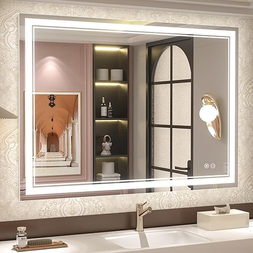 Miniatura 74 de OKPAL 50x30 Espejo de baño LED con marco negro, espejo iluminado para tocador de baño, iluminación frontal y trasera, regulable, antivaho, 3 Negro