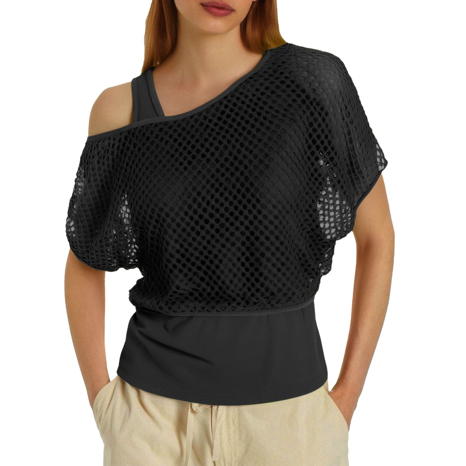 80S Neon Mesh Top for Women Fishnet T Shirts Sheer Off Shoulder Tops and Vest 2 Pieces Set Party Outfit Sexy Disco Clothes Y2K Gothic Tops Retro 90s 80s Party Costume Rave Outfits (Z1-Black, XXXL)
