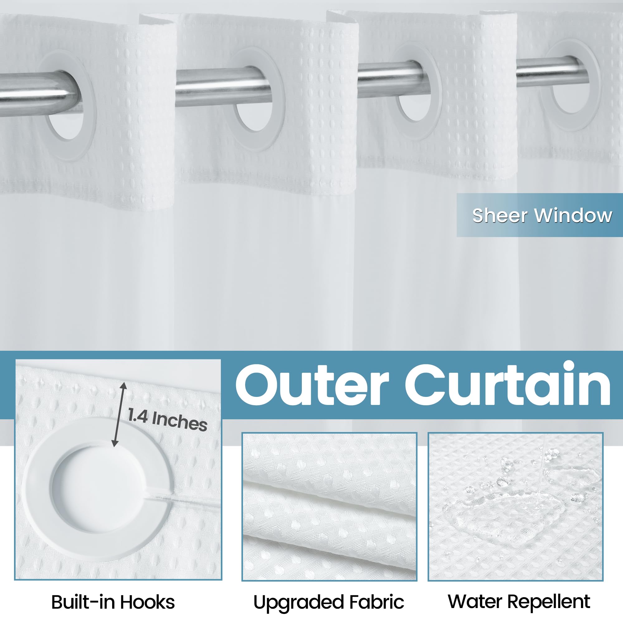 EUTXL Tenda da doccia senza gancio con fodera a scatto, 230 g/m², tessuto a nido d'ape per bagno, 91 x 188 cm, bianco