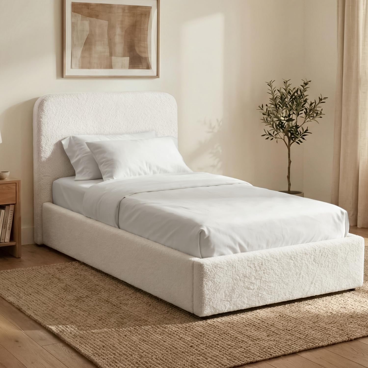 Blisswood Single Ottoman Bed Frame, Upholstered Velvet Finish Bed with Headboard, Gas Lift Storage Base & Wooden Slats, Small Single Bed for Kids Teens Girls or Guest Bedroom (3ft White, No Mattress)