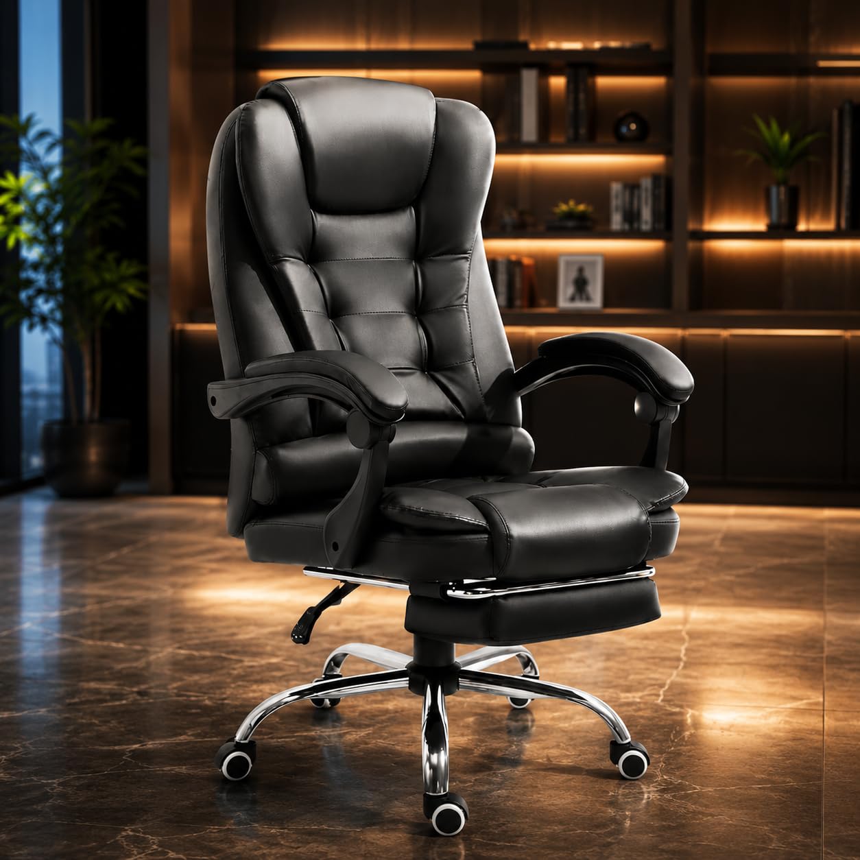 Cadeira Ergonômica Executiva Preta Couro Sintético Reclinável 90°-120° com Apoio para os Pés Retrátil Com Encosto Aj