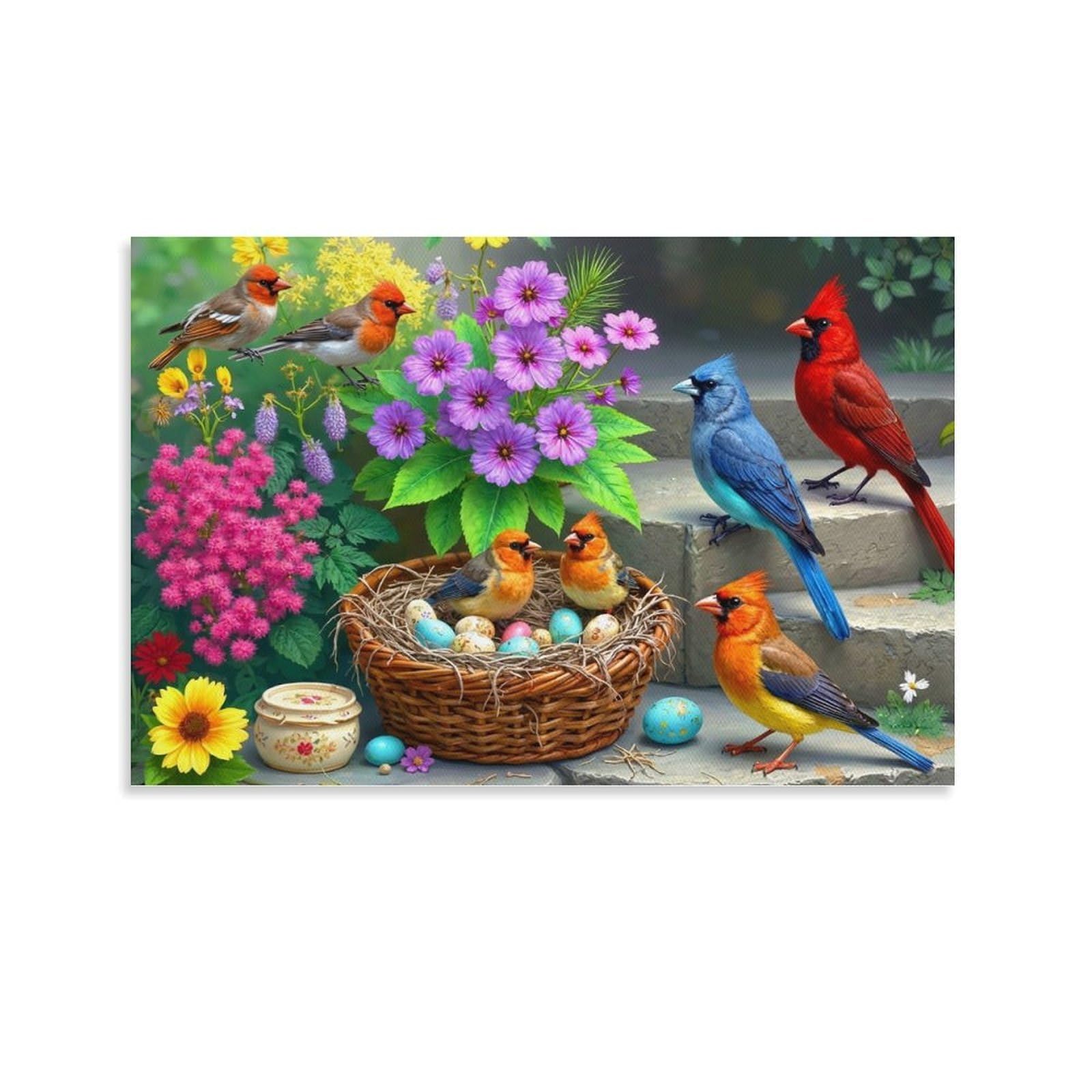CPLVKWRQJ Spring Birds Garden Individual Various Songbirds Around Woven Egg Nest Framed Canvas Art - Living Room Focal Point Fade Resistant Gallery Wall Decor 20x30inch(50x75cm)