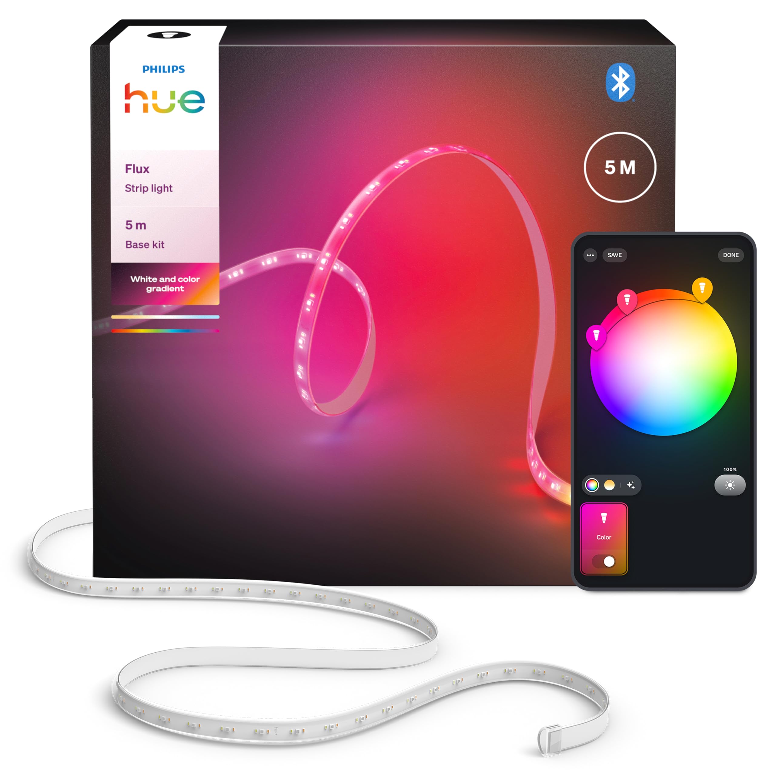 Philips Hue Flux 5 m LED ışık şeridi, 1200 lm, canlı renkler, esnek iç aydınlatma, Chromasync renk karışımı, RGBWWIC, kesilebilir, genişletilebilir, tekrar kullanılabilir, uygulama ve sesli kontrol