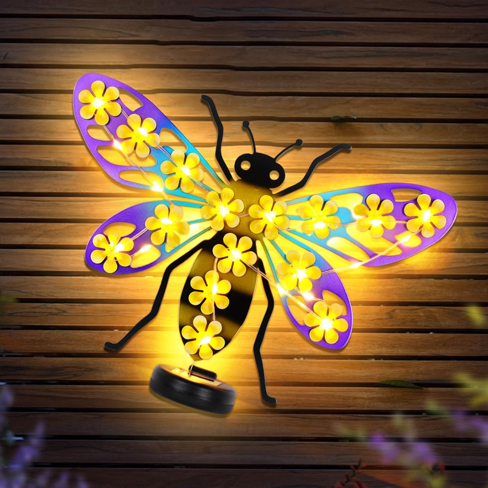 Metal Bee Outdoor Wall Decor with 30 Led Solar Lights- 13.8" Outdoor Fence Wall Art Decor, Gift for Mom Grandma Women Birthday Gardening,Hanging Decoration for Garden Patio Porch Yard