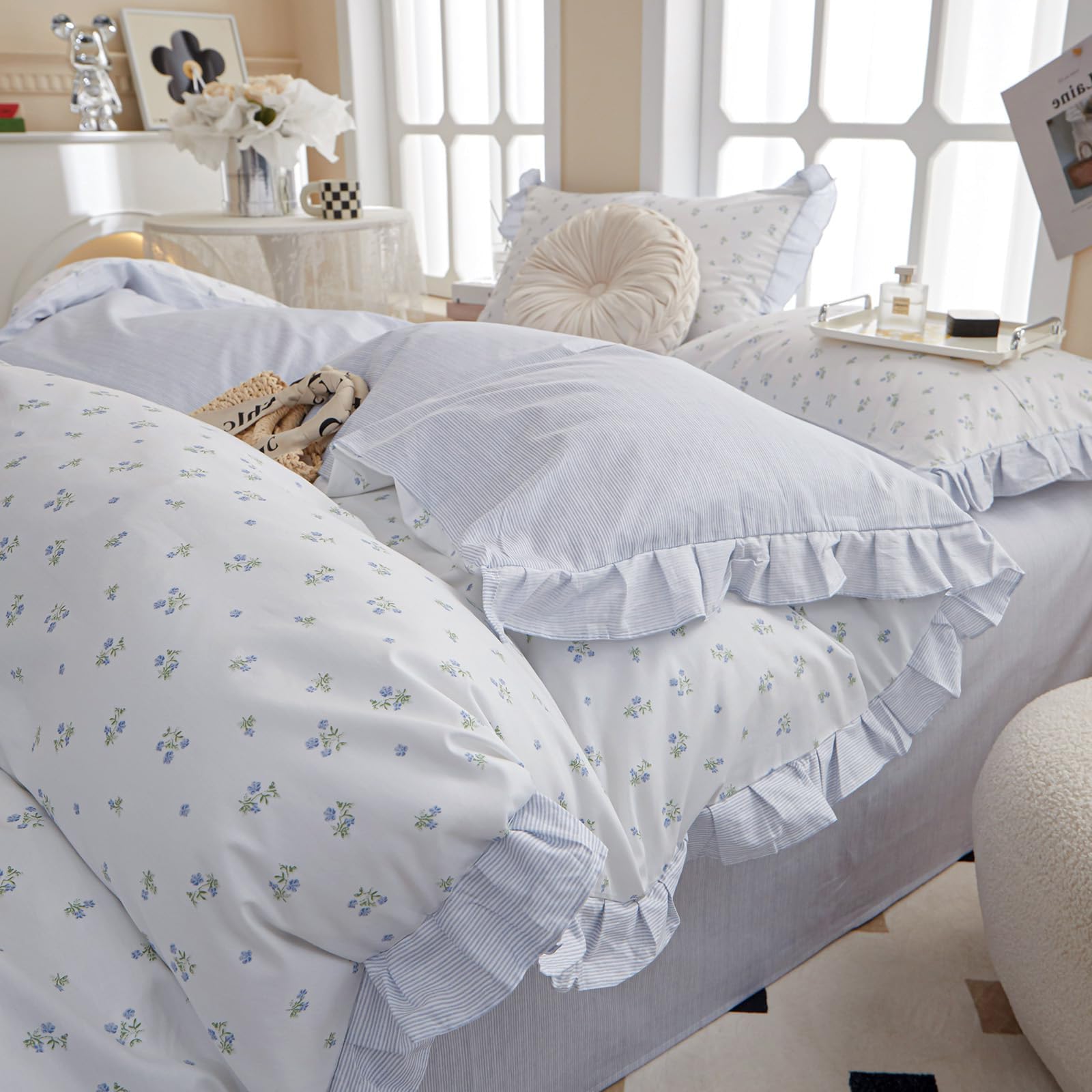 VM VOUGEMARKET Blue Ruffle Duvet Cover Twin 100% Cotton,Floral Prints