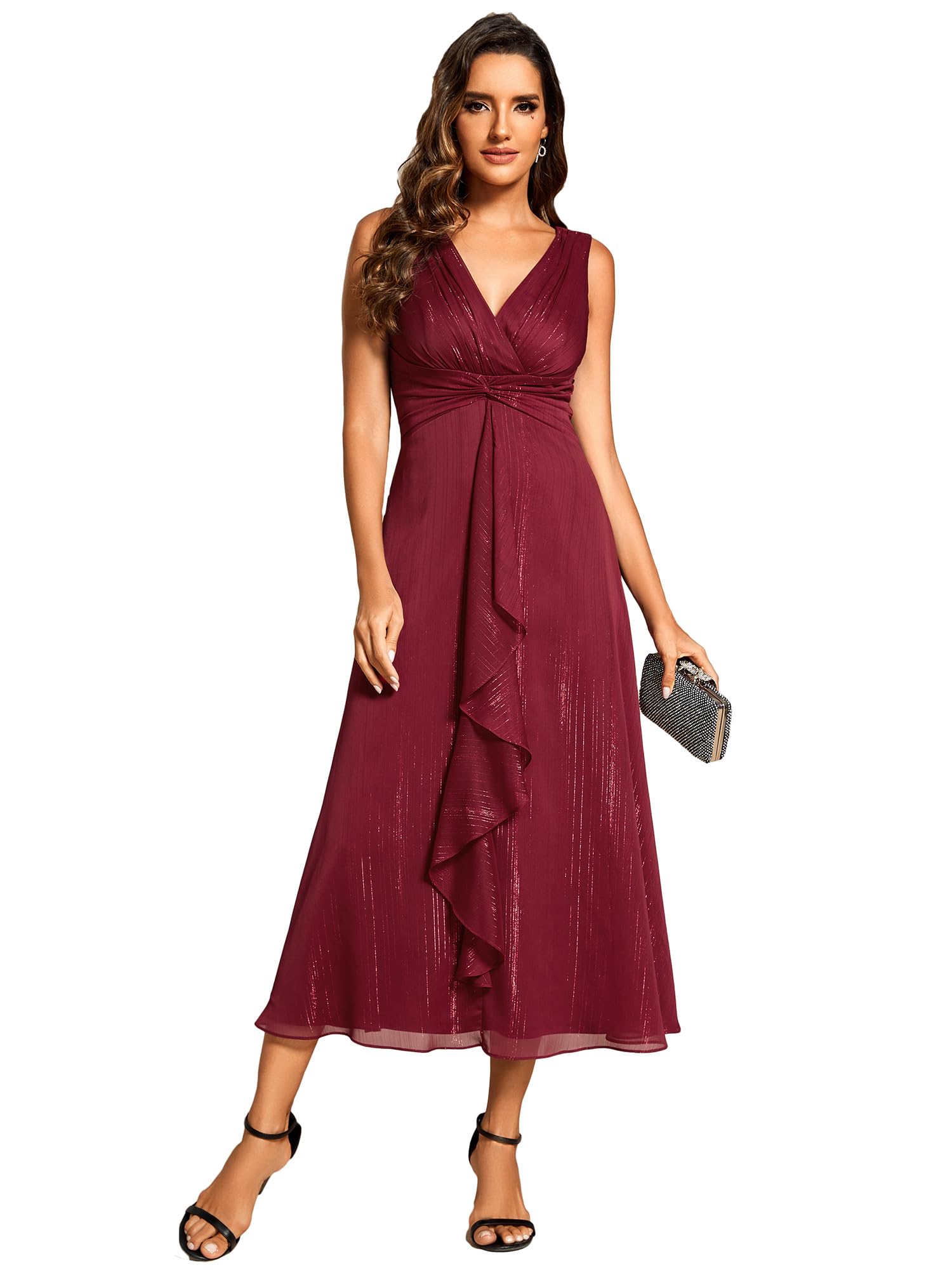 Ever-Pretty Vestido de Invitada Boda Mujer Sin Mangas Cuello en V Dobladillo con Volantes EG11977