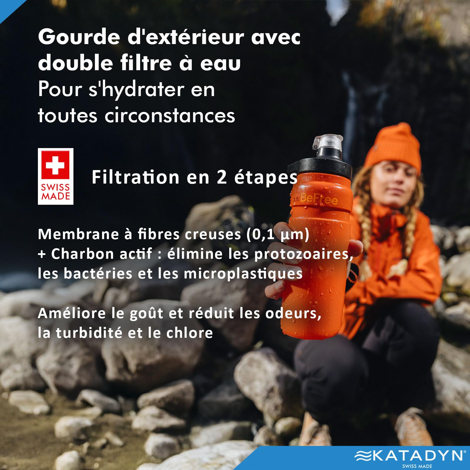 Katadyn BeFree AC Bottle Gourde filtrante à eau pour extérieur, 0,7 l, ultra légère, fibre creuse et charbon actif, pour camping, randonnée, trekking, voyage, filtration de l'eau portable sans BPA