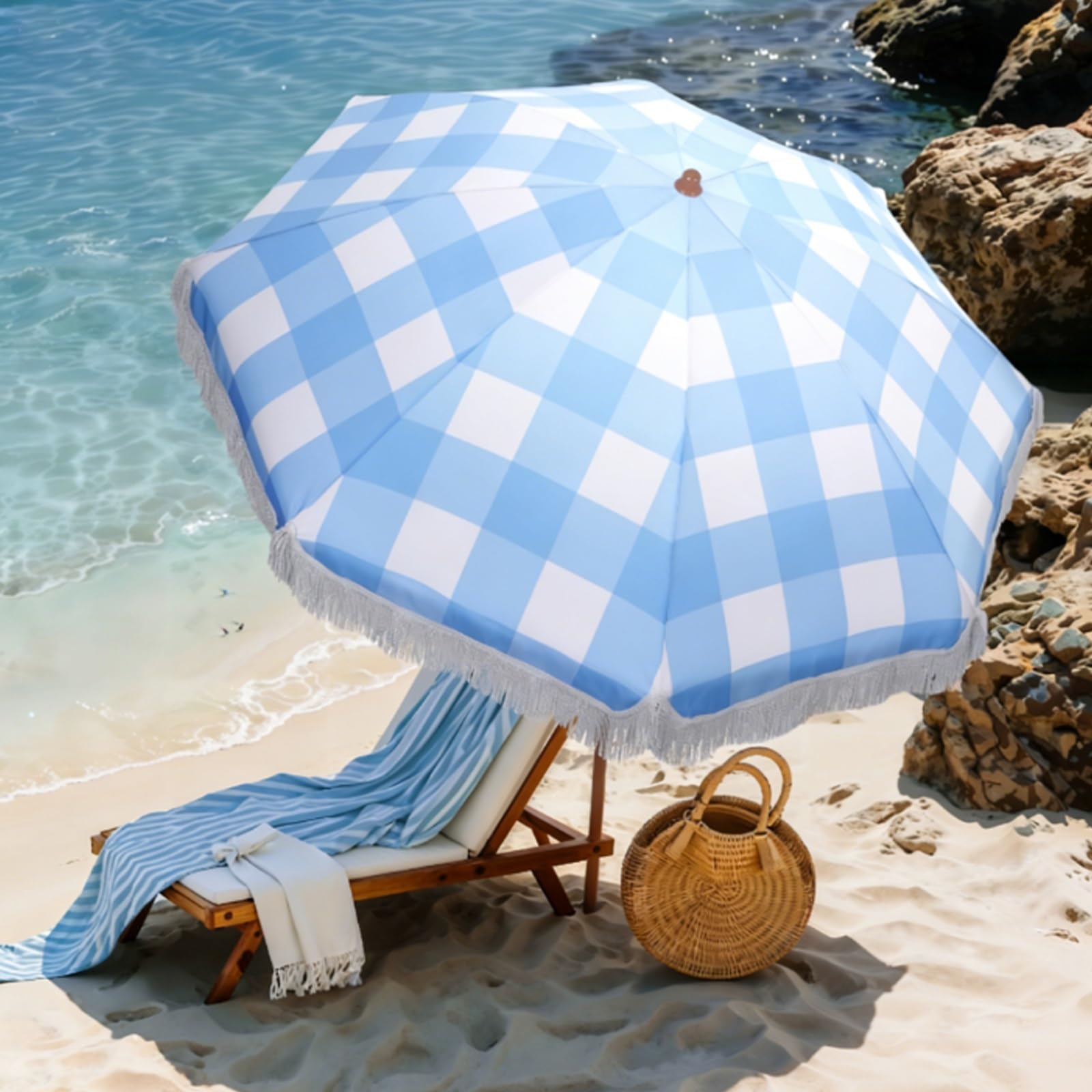 Parasol plażowy 2M Parasol ogrodowy z frędzlami Odporny na promieniowanie UV Parasol stołowy Przenośny na zewnętrzny taras ogrodowy Basen przydomowy(Blue pinstripes)