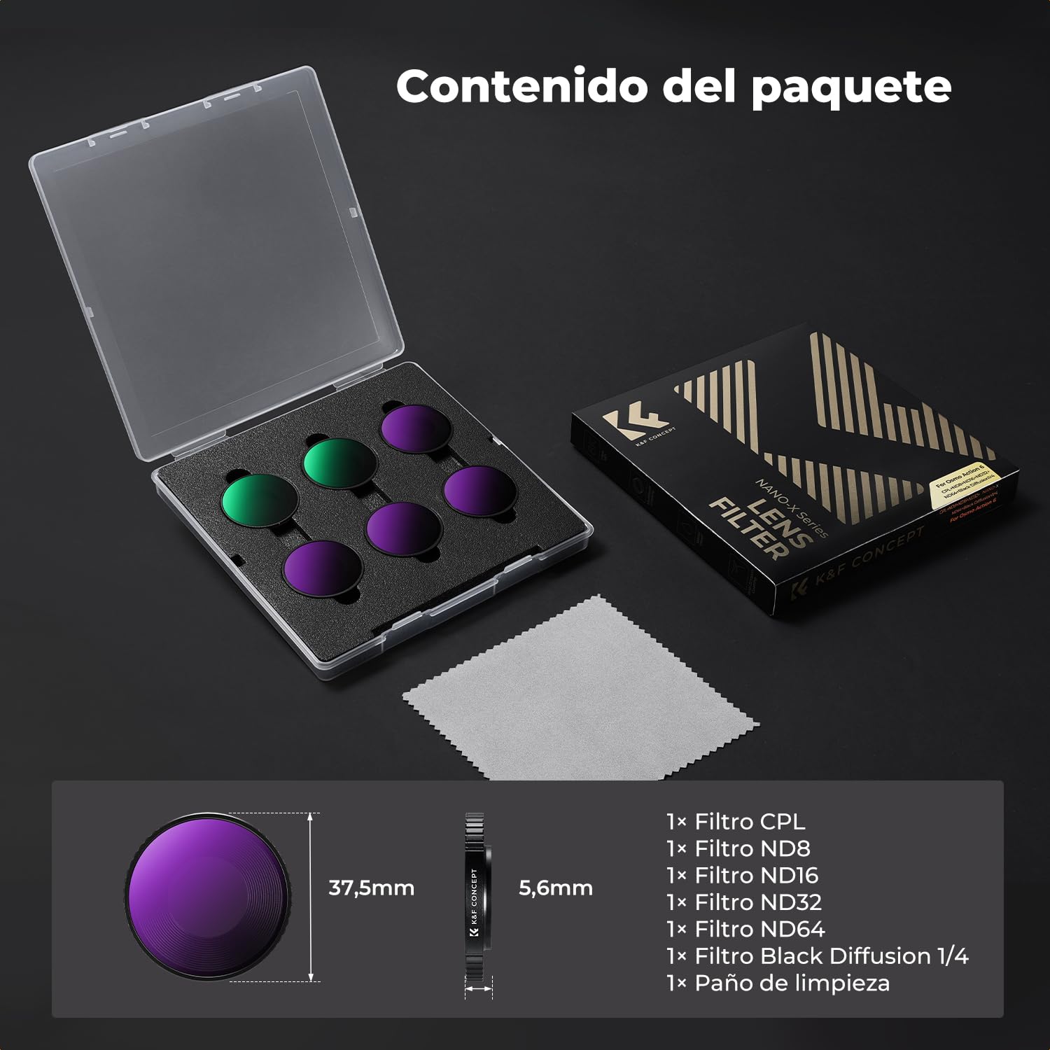 K&F CONCEPT Kit de 6 Filtros HD Compatible con dji Osmo Action 6, Filtros CPL ND8 ND16 ND32 ND64 Black Diffusion 1/4 Polarizador Reducción de Luz Vidrio Óptico HD con Revestimiento Nano Multicapa