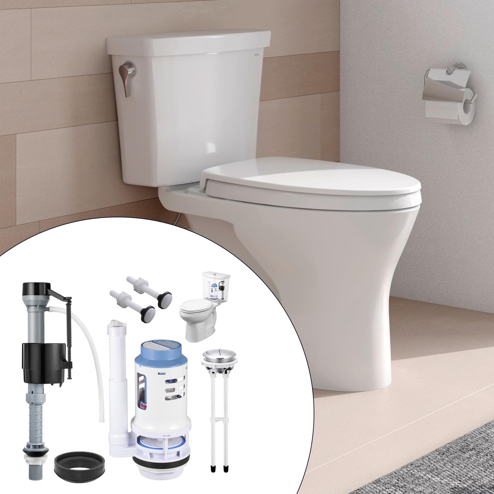PANGBOER Juego Completo de reparación de contenedores de Agua para baño para mecanismos de Descarga de 3 Pulgadas, Incluye Todas Las Piezas necesarias, Mecanismo de Descarga silencioso para Inodoro