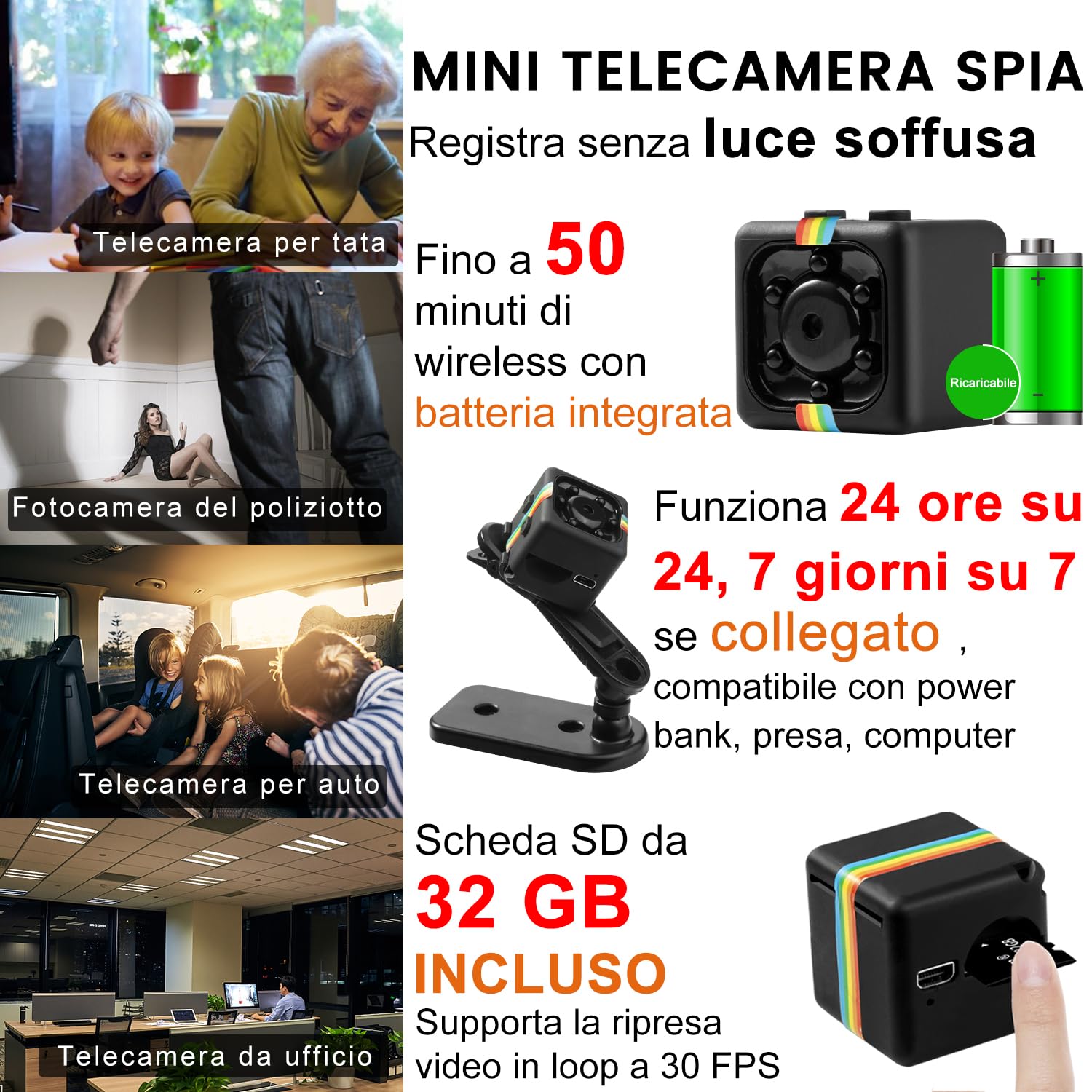 Bextgoo Mini Telecamera Senza Wifi, 1080P FHD Telecamera Spia con Scheda di TF da 32 GB, Microcamera Senza Fili Videocamera Sorveglianza Per Auto/Casa/Esterna/Interna(Nero) - 4