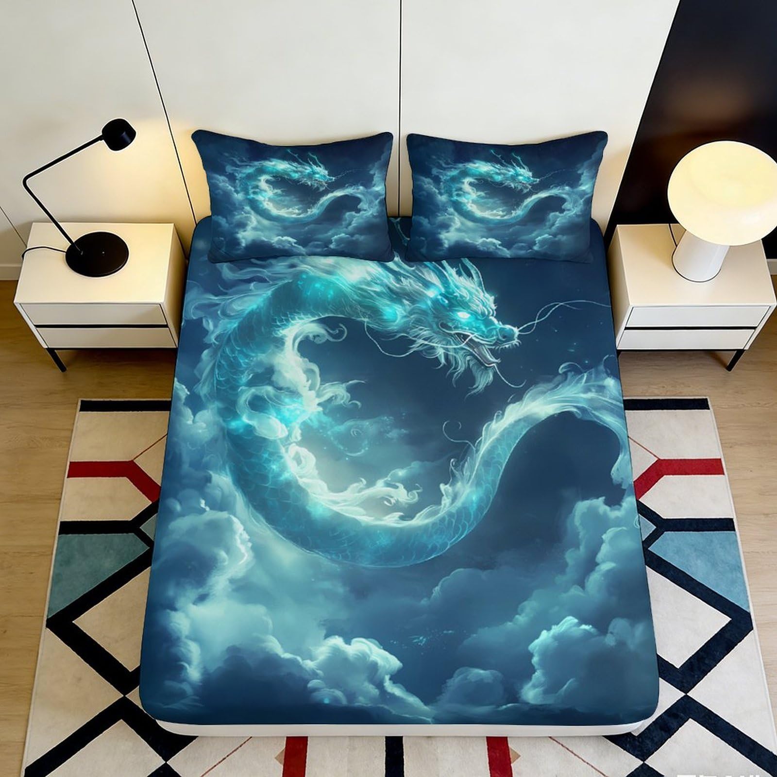 3D Printed Blue Dragon Fitted Sheet Microfiber Soft Decor Cloud Serpent Mattress Cover for Bedroom Guest Room 90x200x25cm