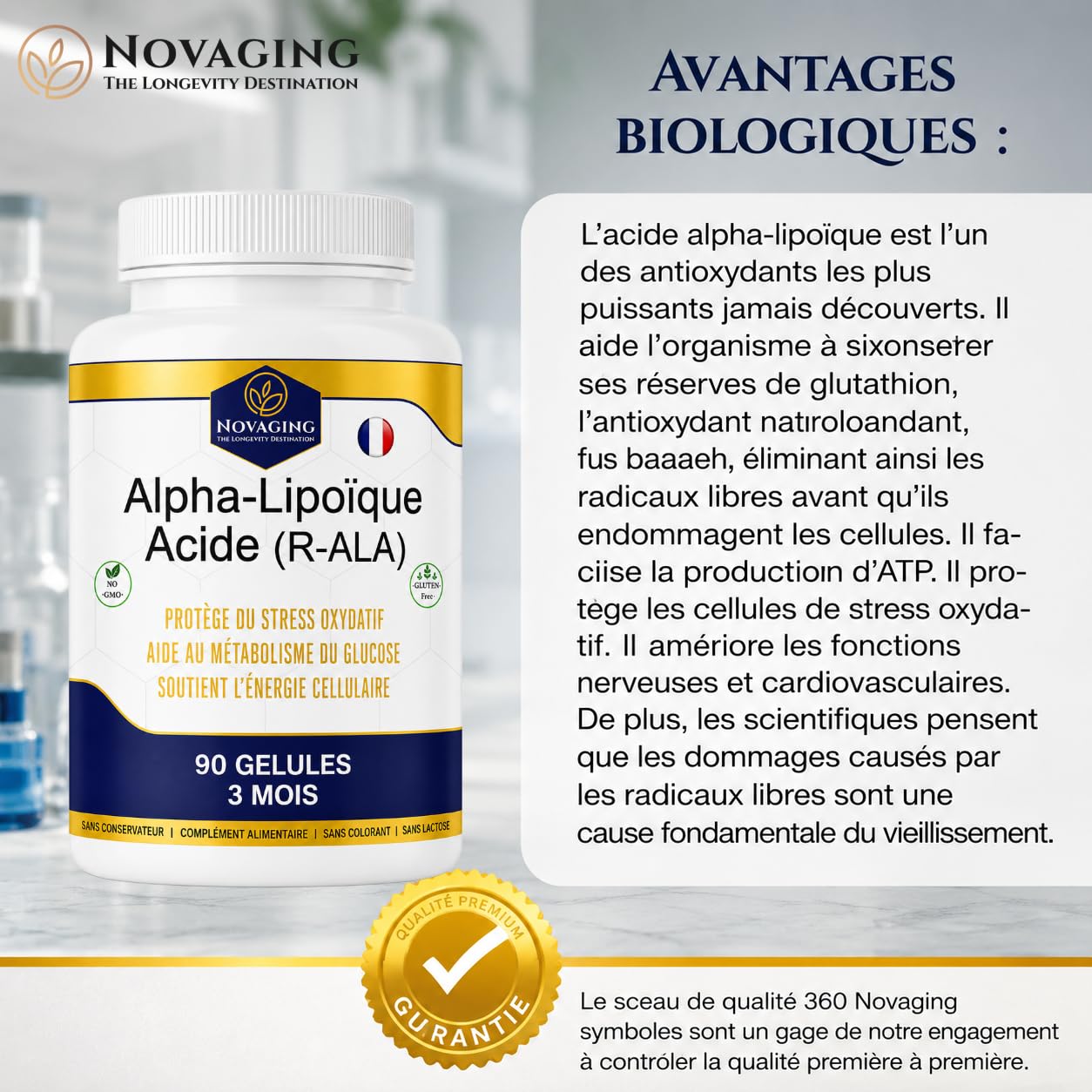 Acide Alpha-Lipoïque R-ALA 500mg 90 Capsules 100% Vegan 3 Mois de cure | R-ALA premium standardisée à 100 %, biodisponibilité élevée. Efficacité optimales. Testé sans OGM ni allergènes. NovAging®