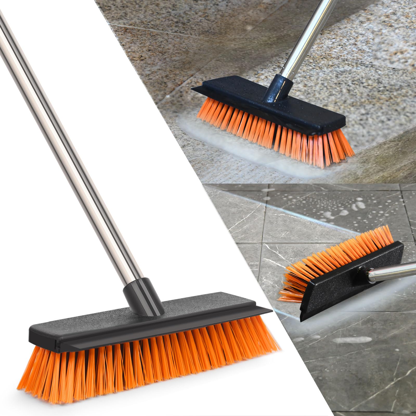 TeLIfe デッキブラシ 水切りワイパー付き 幅26cm 長さ調節可 全長127cm 丈夫なスチール柄 硬いブラシ 廊下 玄関 庭 ベランダ 浴室に