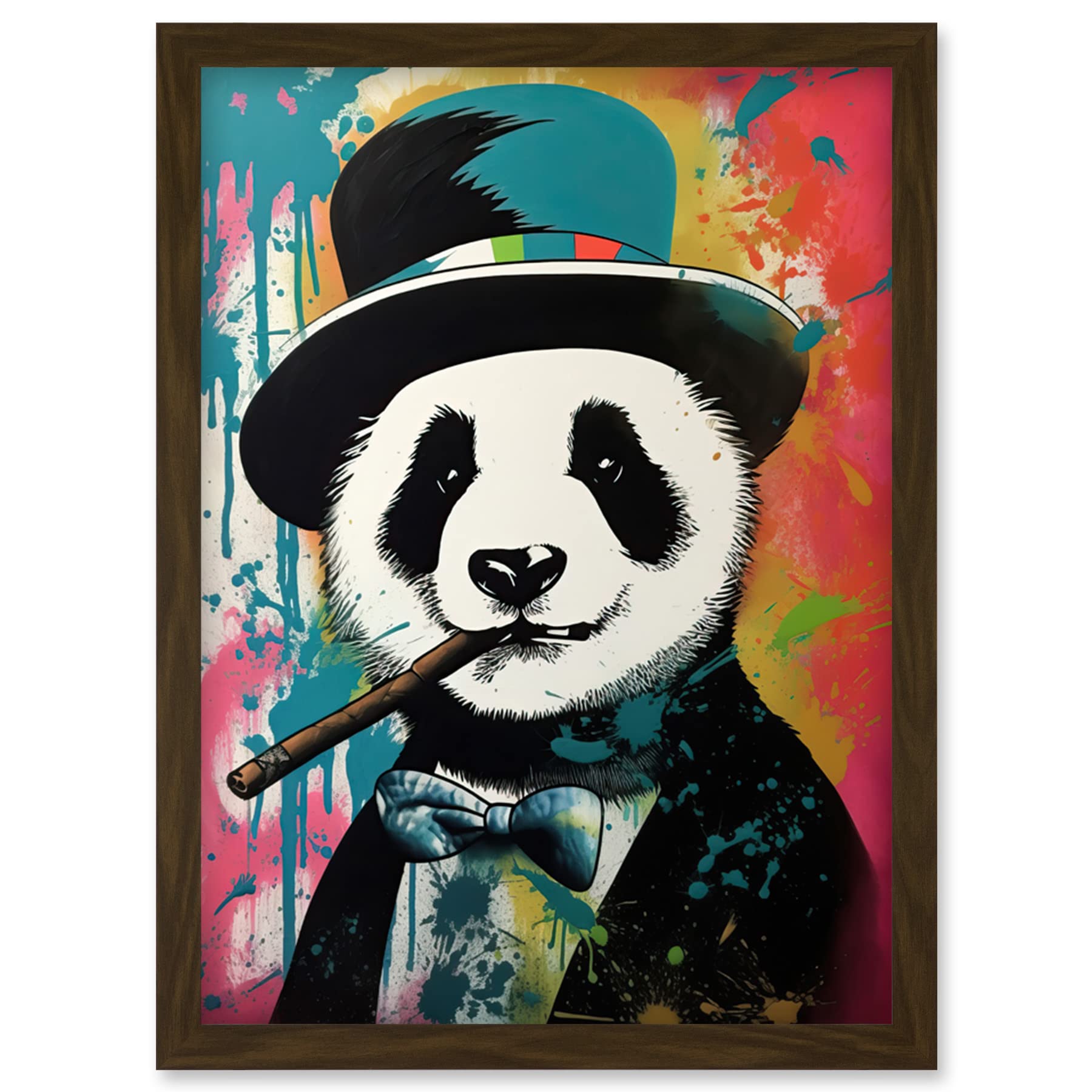 Artery8 Panda Bear Wearing Blue Top Hat Suit Smoking Cigar Artwork Framed Wall Art Print A4