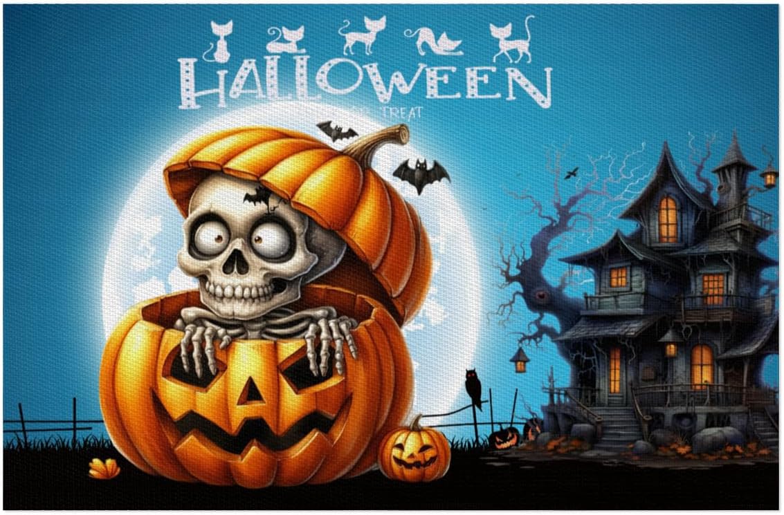 Halloween Pumpkin Skull Goth Placemats Set of 6 PVC Vinyl Non Slip Table Mats Heat Resistant Place Mats Washable Wipeable Dining Table Mat for Kitchen Decor Party Indoor Outdoor Decorative Gift