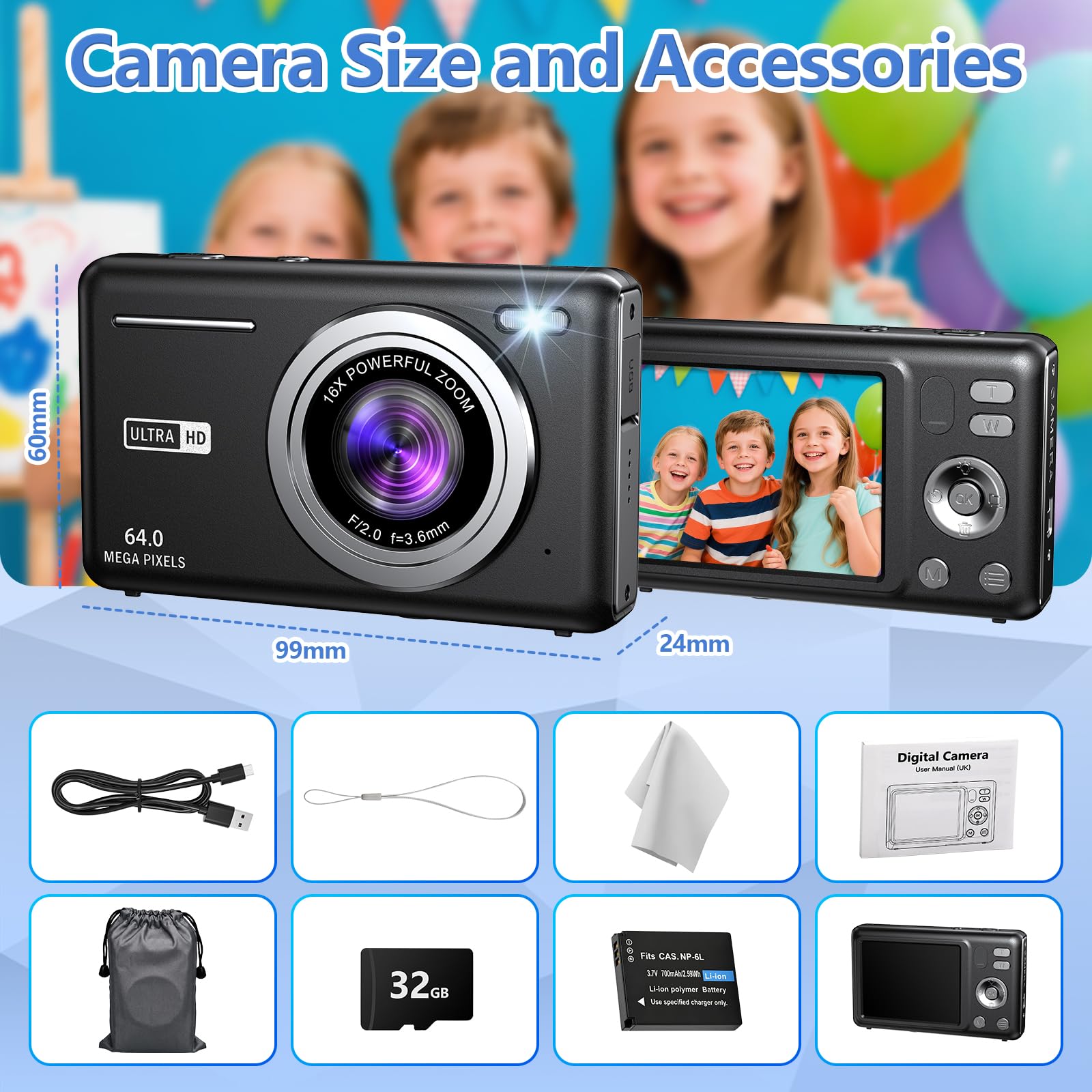 Cámara de Fotos 64MP 4K Cámara Digital Compacta con Zoom 16X 2,8" LCD Compacta Portátil Cámara con Tarjeta 32GB para Niños Principiantes Adulto (Negro)