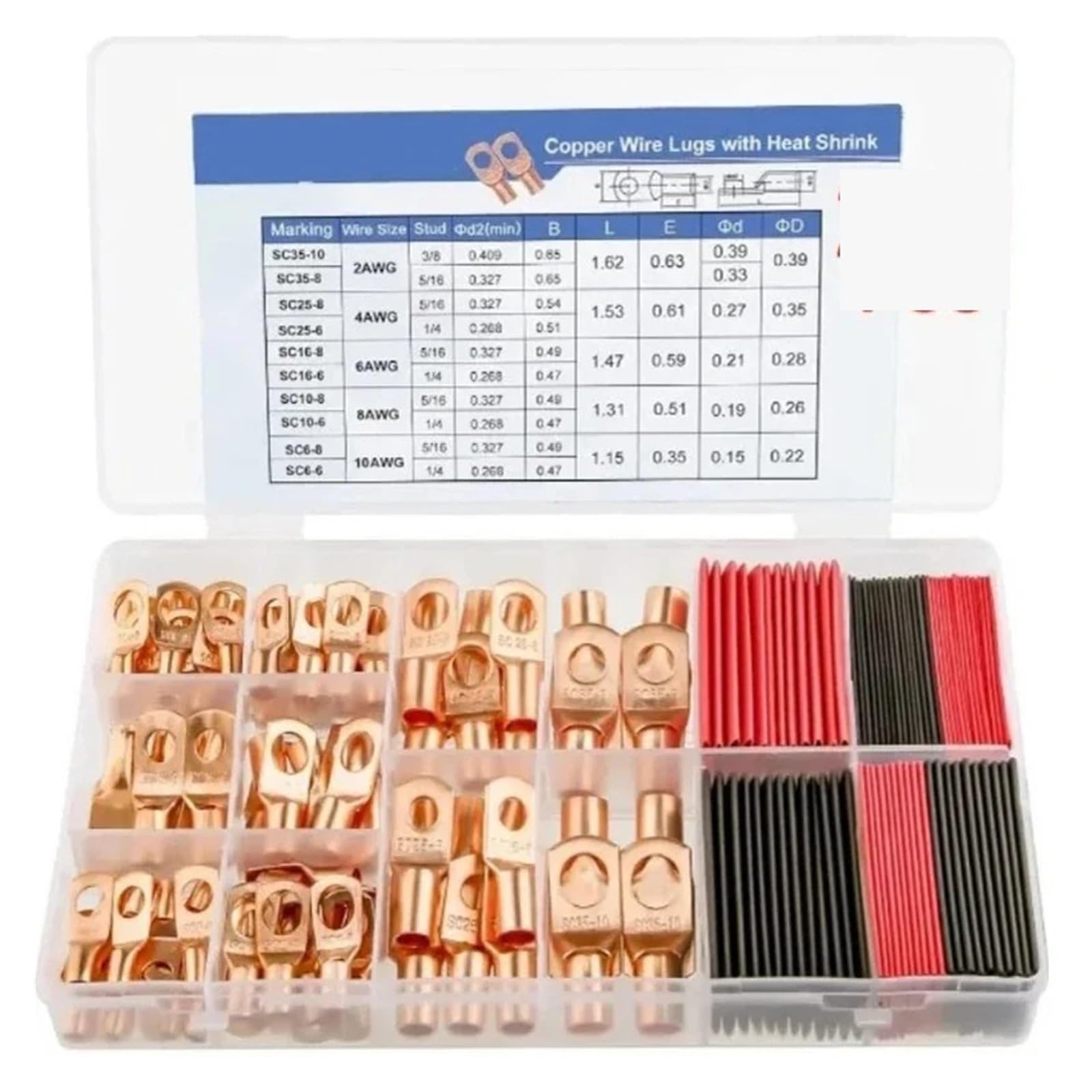 Kit surtido de 200 conectores de terminales de anillo de cobre for cables de batería con tubos termorretráctiles rojos for aplicaciones marinas y automotrices.