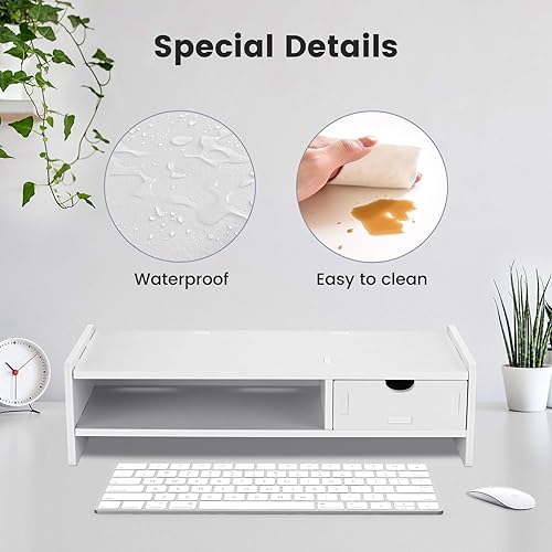 Miniatura 5 de Soporte elevador para monitor de 2 niveles, organizador de escritorio para computadora con cajón para laptop, computadora, iMac, blanco