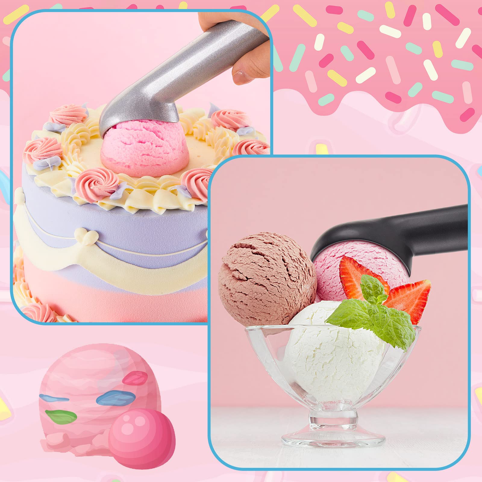 Gejoy Lot de 8 cuillères à crème glacée antiadhésives de 17,8 cm en aluminium pour gelatos, yaourt, fruits, sundaes, sorbet, amande, pâte à biscuits, noir et argenté
