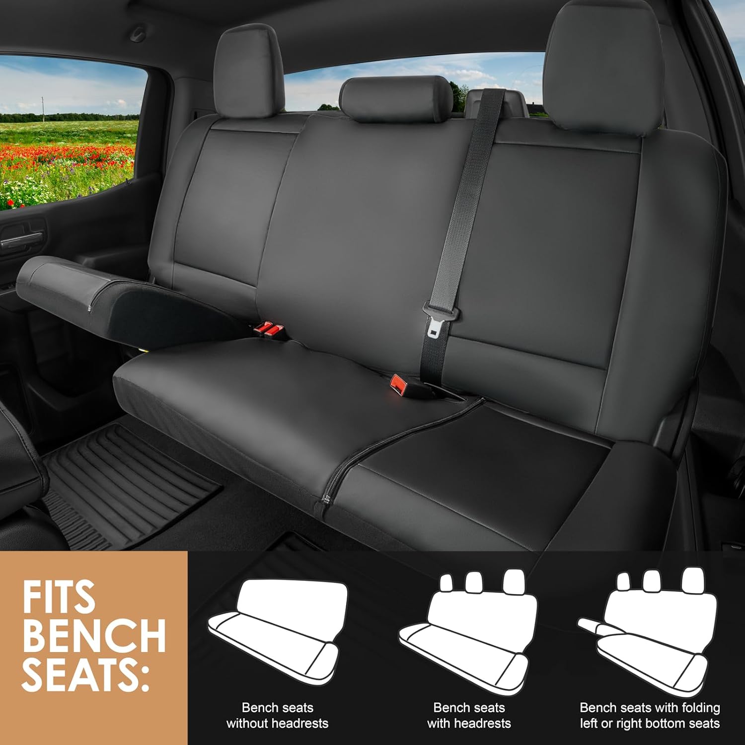 Universal Truck Bench Seat Cover; Fits All Full-Size Silverado F-150 Ram Sierra Titan Tundra Pickup Trucks; to Fit Folding, Split Bench or Standard Bench Seat; Faux Leather, Black